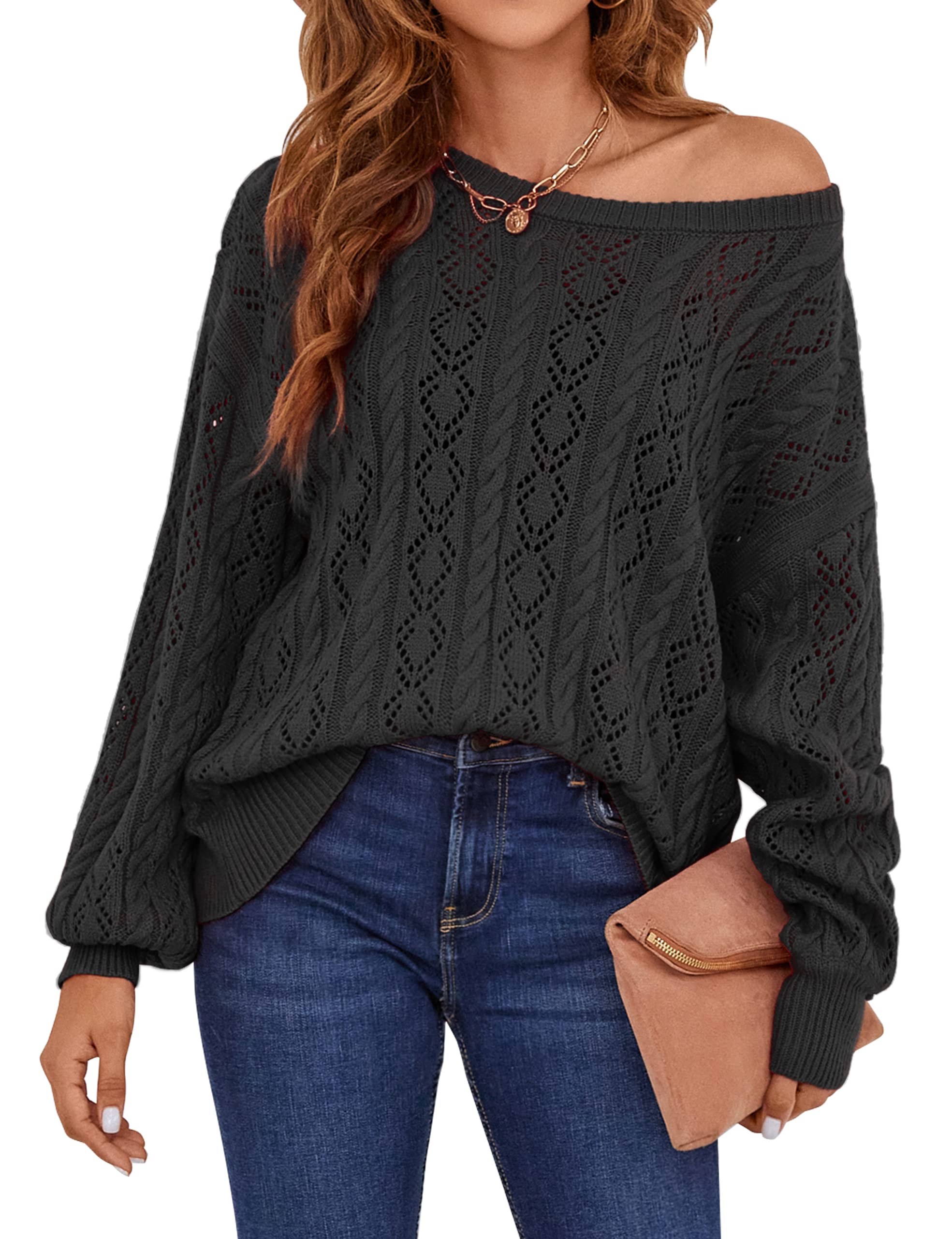 BMJL Women's Pullover Sweaters with Ruffle Shoulder - Casual Long Sleeve Hollow Out Knit Tops for Fall | Perfect for Office Wear, Date Nights & Autumn Layering
