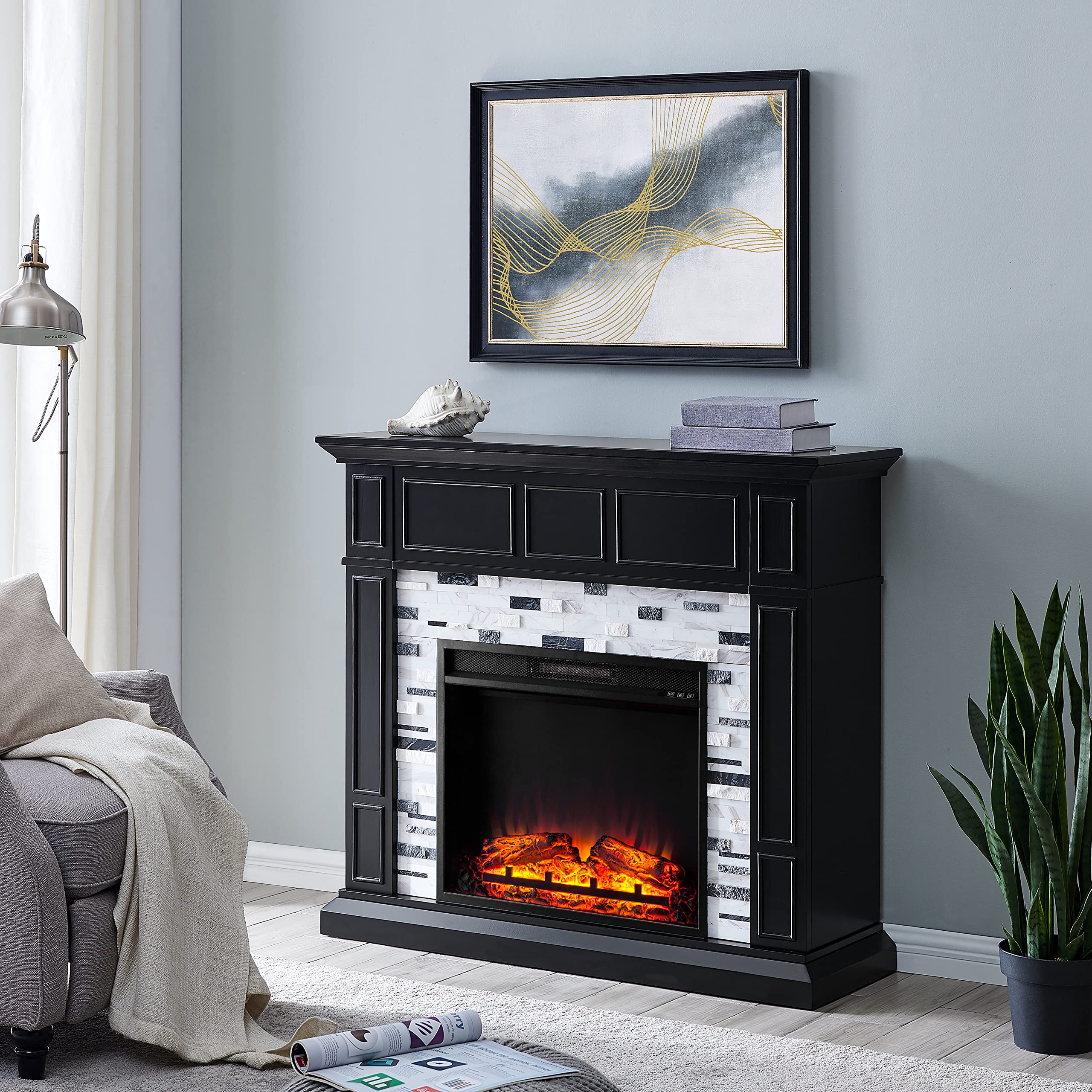 SEI Furniture Drovling Modern Black Marble Electric Fireplace - Indoor Heating for Living Room, Bedroom & Office