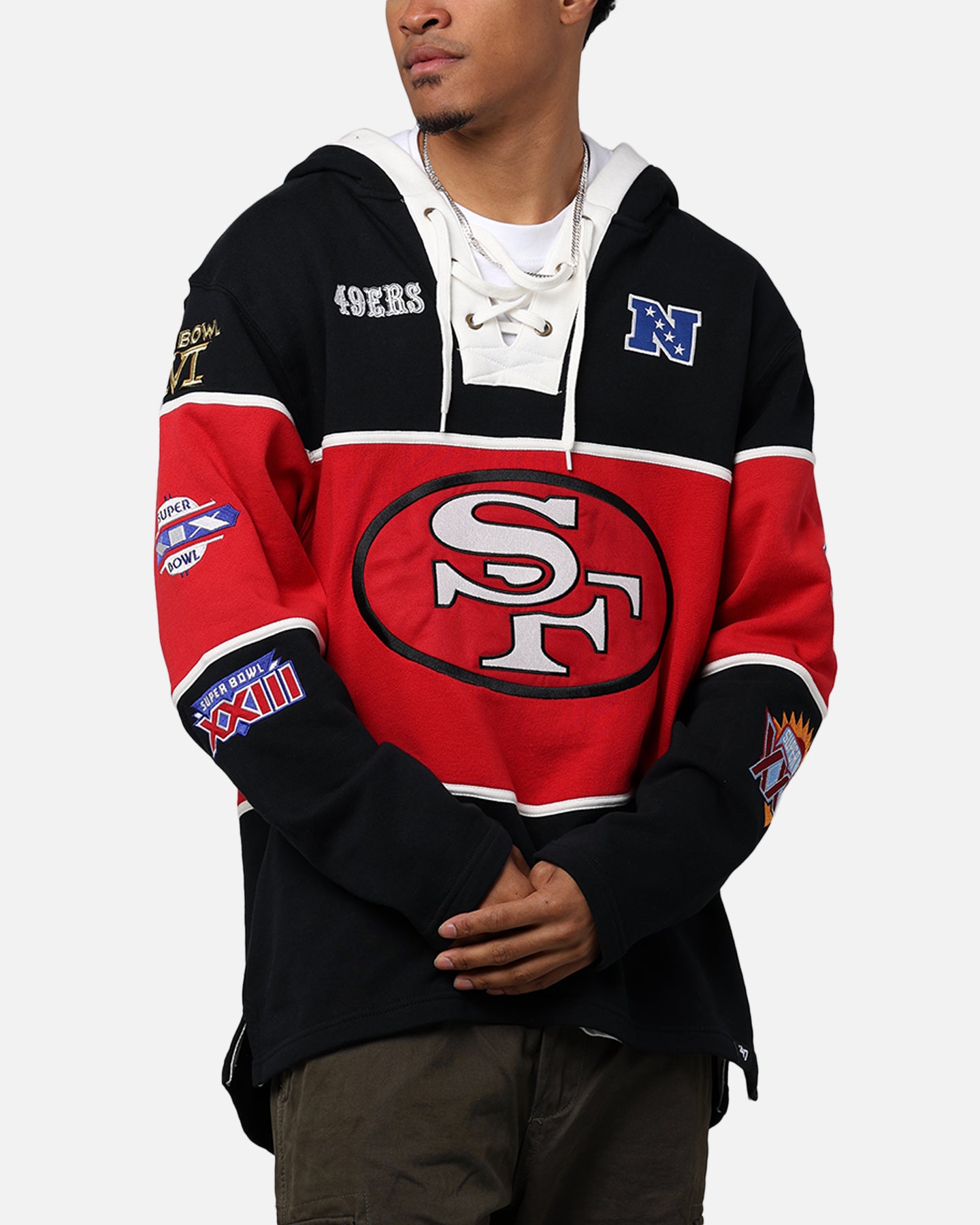 47 Brand San Francisco 49ers Super Bowl Gridiron Lacer Hoodie - Jet Black NFL Fan Apparel for Men & Women - Perfect for Game Day, Tailgating, and Football Season