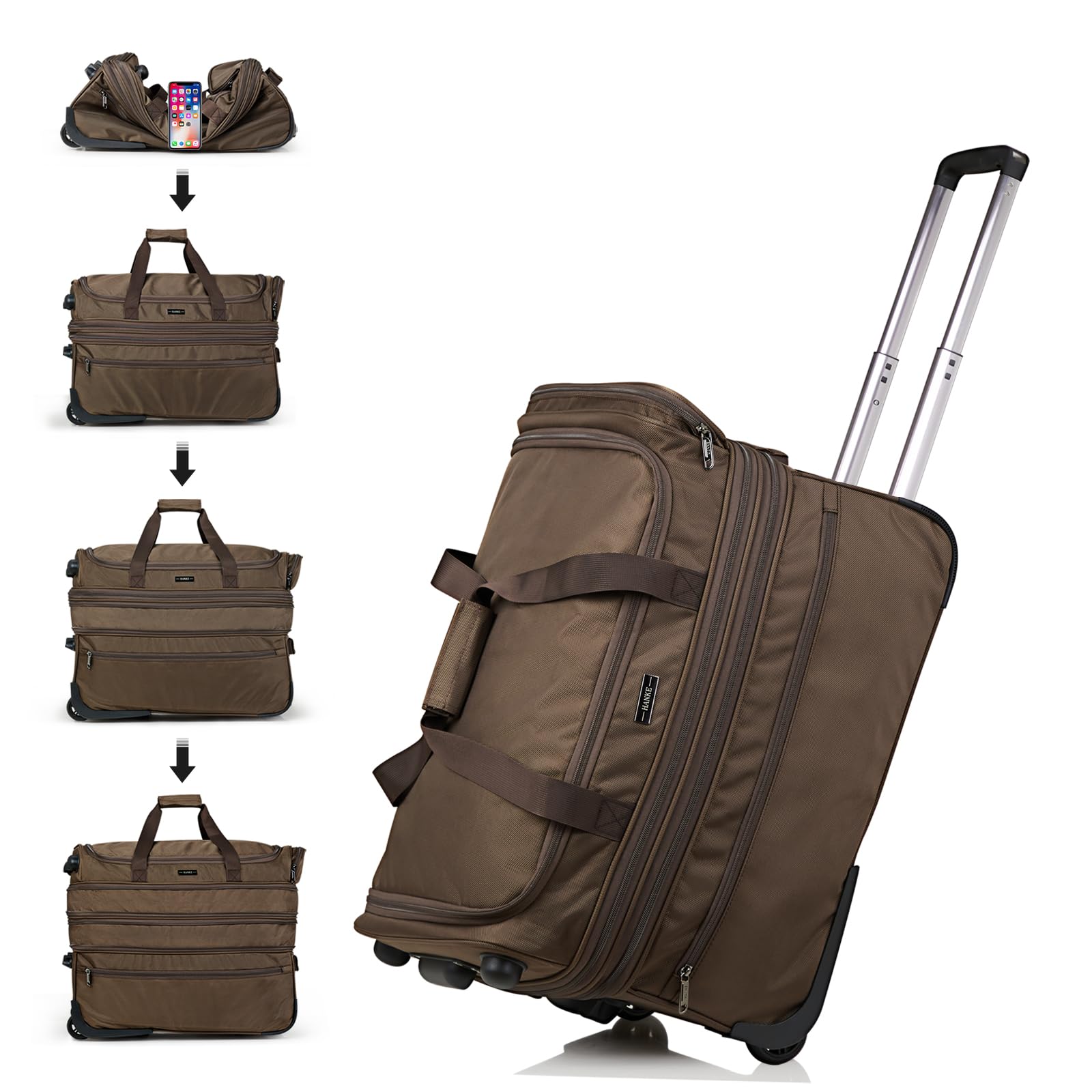 22 Inch Expandable Checked Luggage with Wheels - Foldable Duffle Bag Suitcase for Travel, Weekend Trips | Carry-On & Checked Bag for Women & Men (Coffee Brown) - Perfect for Air Travel, Road Trips & Business Trips