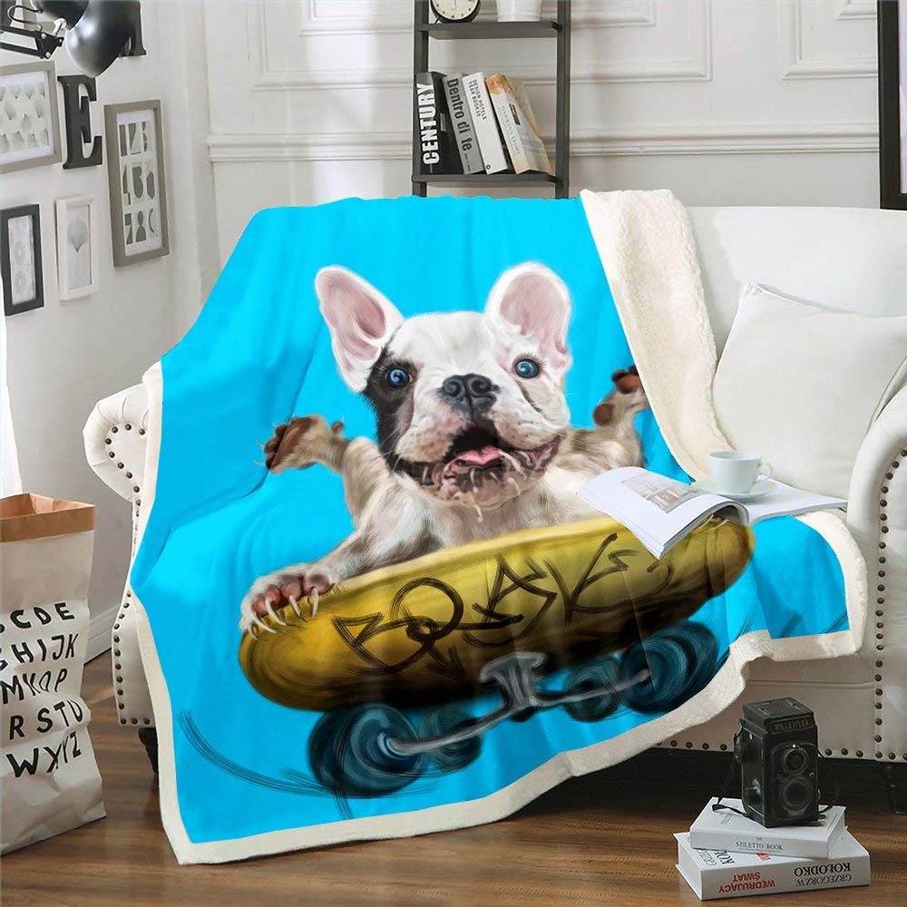 Dog Skateboard Print Flannel Throw Blanket - Chic Mint Green Soft Blanket for Couch, Sofa & Bed - 60