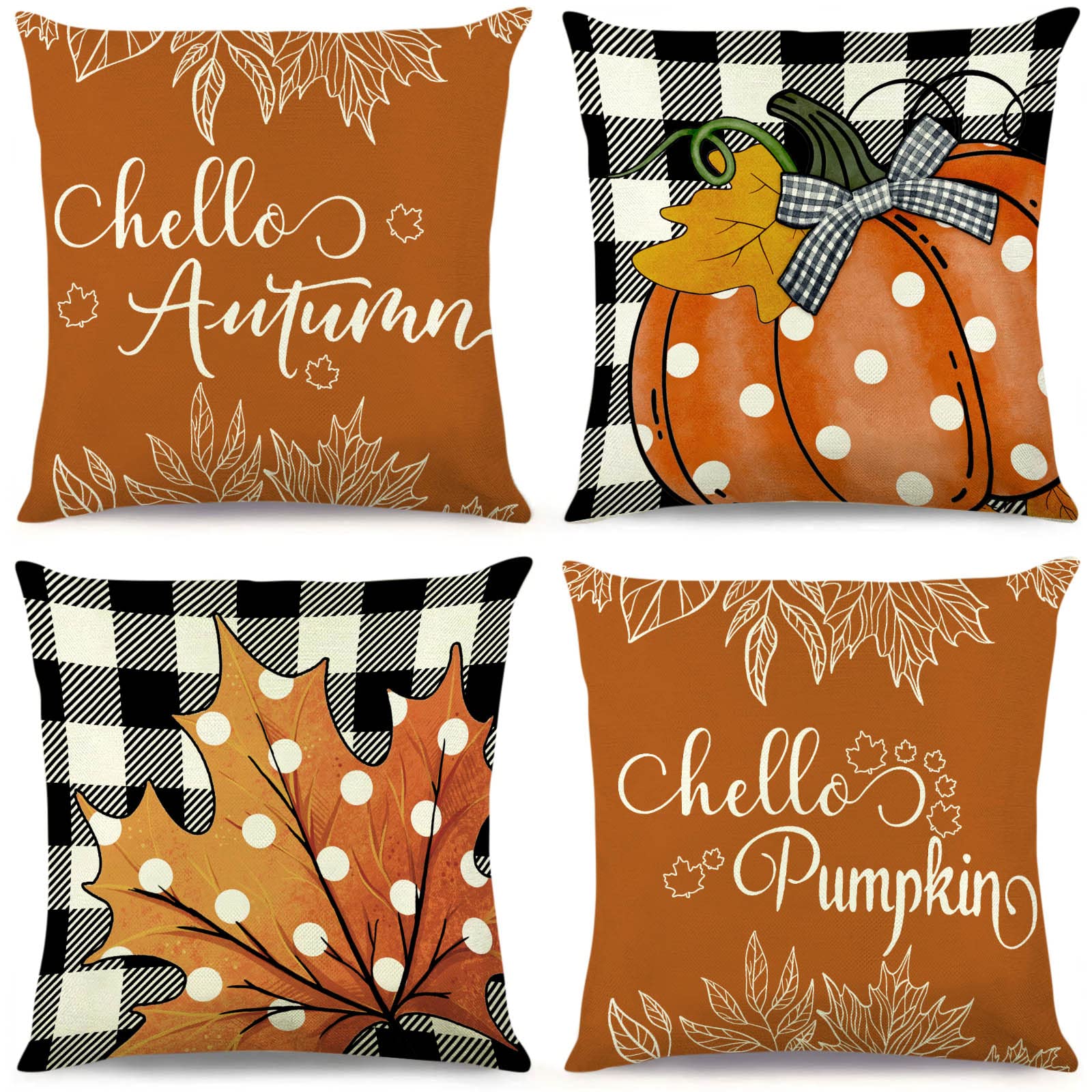 18x18 Fall Pillow Covers Set of 4 - Black Buffalo Check Plaid with Autumn Maple Leaves & Pumpkin Design - Farmhouse Throw Pillow Cases for Couch, Bed, Cushions - Cozy Home Decor for Thanksgiving, Autumn Parties & Seasonal Family Gatherings