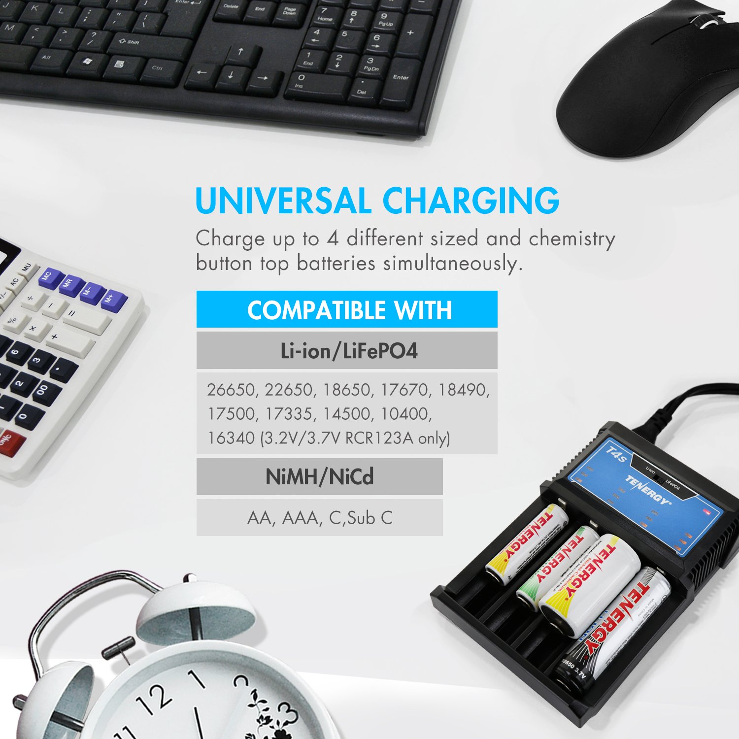 Tenergy T4s Smart Universal Battery Charger - 4 Slot Fast Charging for Li-ion, LiFePO4, NiMH & NiCd Rechargeable Batteries (18650, 14500, 26650, AA, AAA, C) with Car Adapter - Perfect for Home, Office & Travel Use