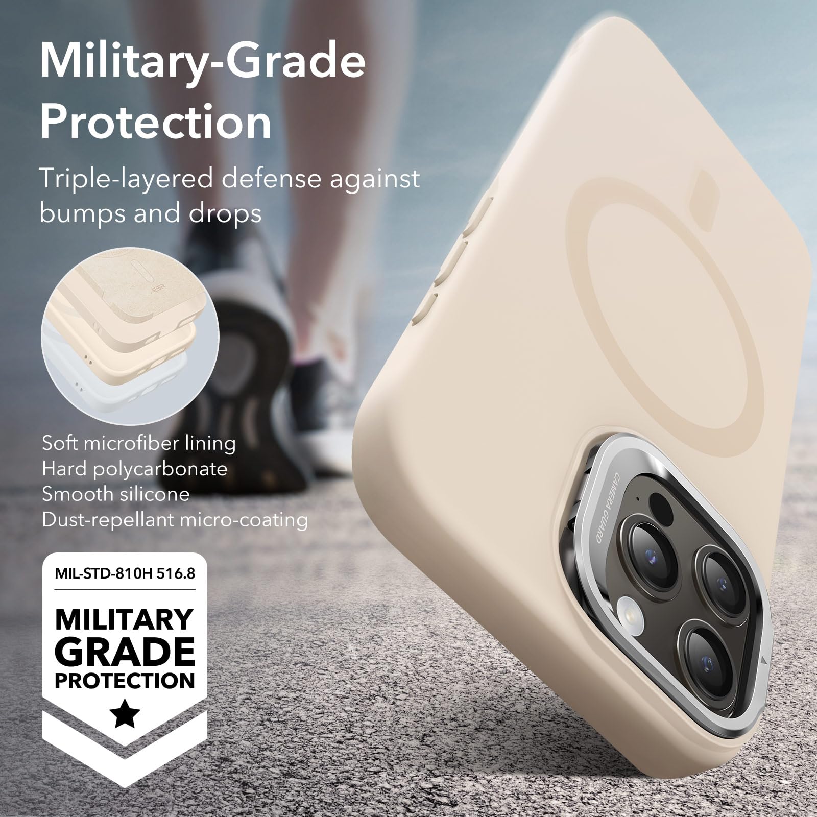 ESR for iPhone 15 Pro Max Case with MagSafe - Military-Grade Protective Silicone Cover with Built-in Stand & Camera Stash | Magnetic Phone Case for iPhone 15 Pro Max (Cloud Series, Light Tan) - Perfect for Work, Travel & Everyday Use