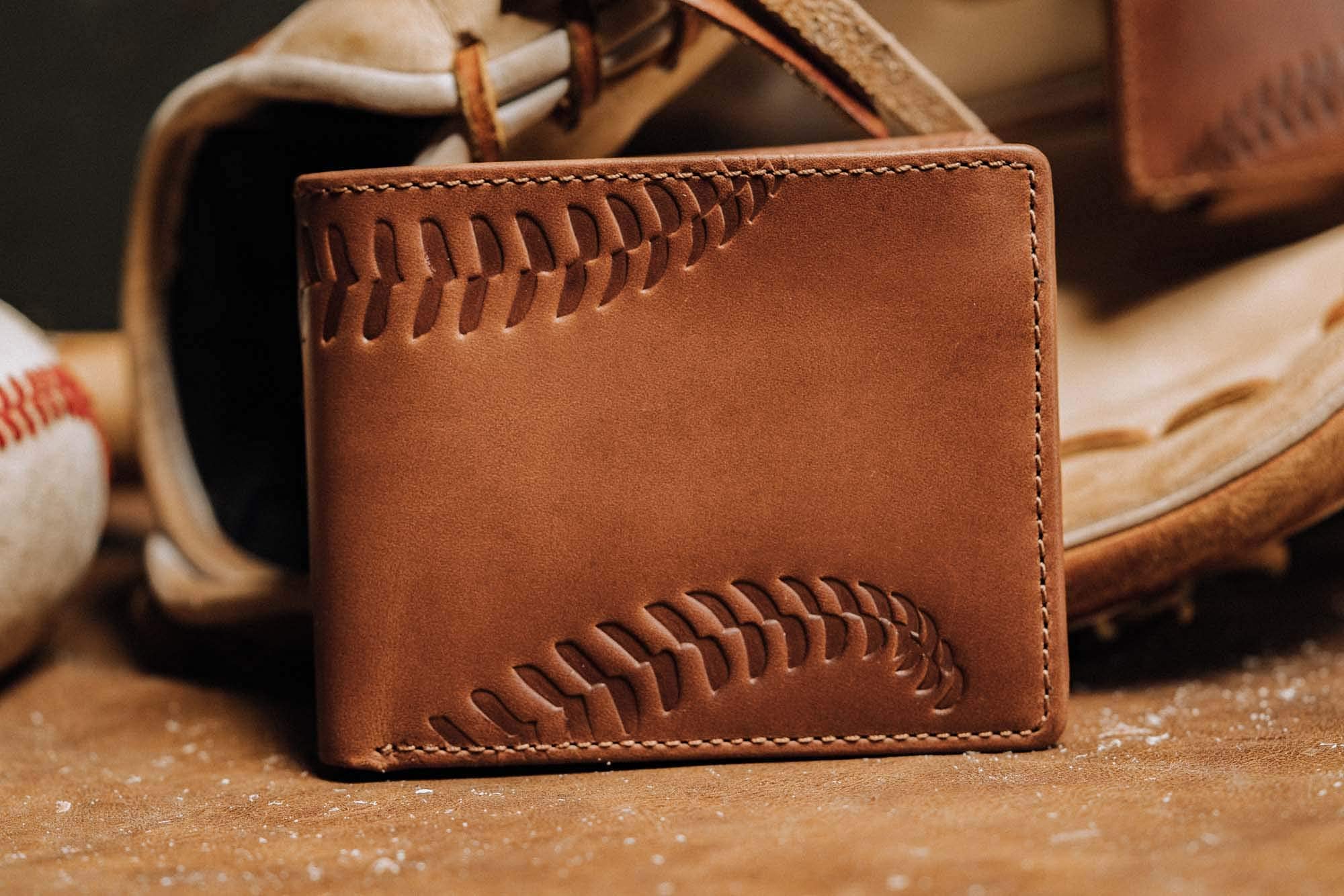 House of Jack Co. Men's Baseball Bifold Wallet - 2 ID Windows, Genuine Full Grain Cowhide Leather, Brown - Perfect Gift for Baseball Fans & Everyday Carry (EDC) Accessories