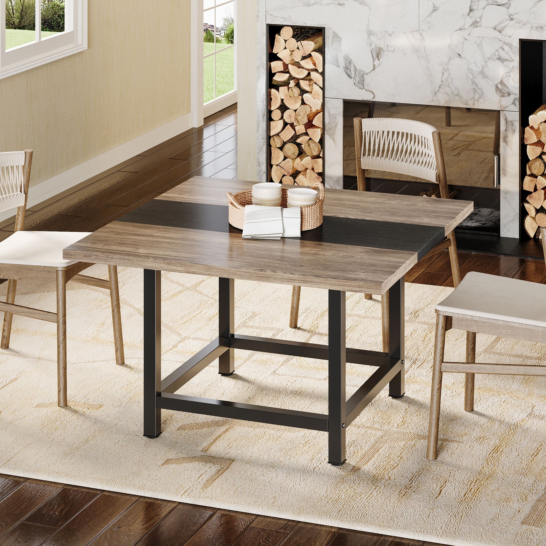 39x39x29 Inch Square Farmhouse Dining Table for 4 - Rustic Kitchen Table with Sturdy Wooden Legs - Perfect for Small Spaces, Breakfast Nooks & Cozy Family Meals