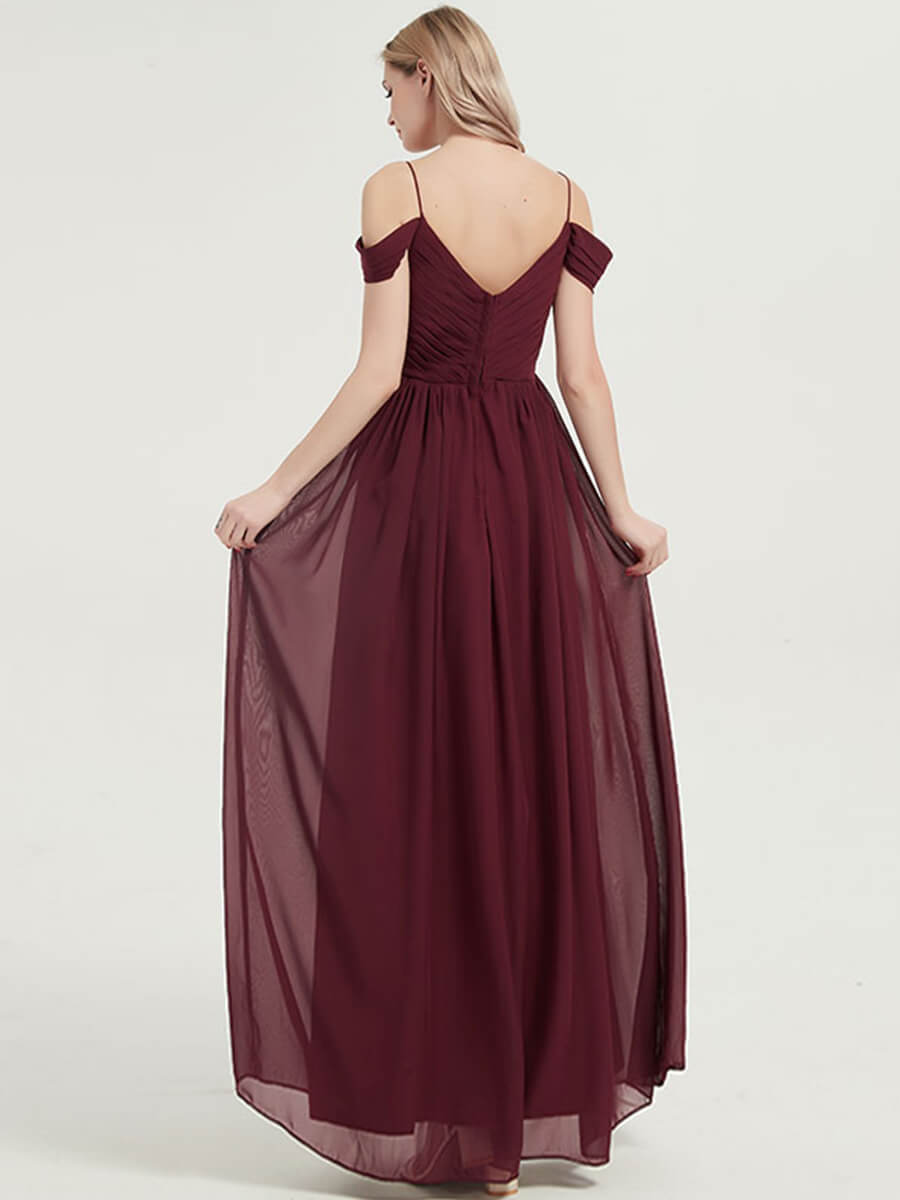 Elegant Burgundy Cold Shoulder Spaghetti Strap Pleated Chiffon Bridesmaid Dress for Weddings, Parties & Formal Events - Plus Size Options Available