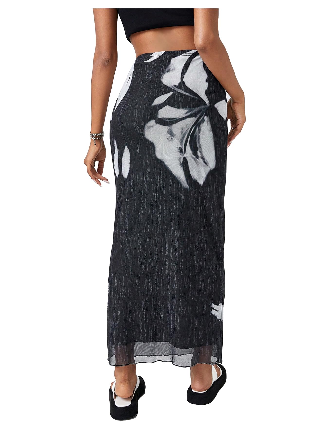 MakeMeChic Women's Y2K High Waist Graphic Print Mesh Pencil Maxi Skirt - Trendy Long Skirt for Party, Club, Date Night & Casual Outfits