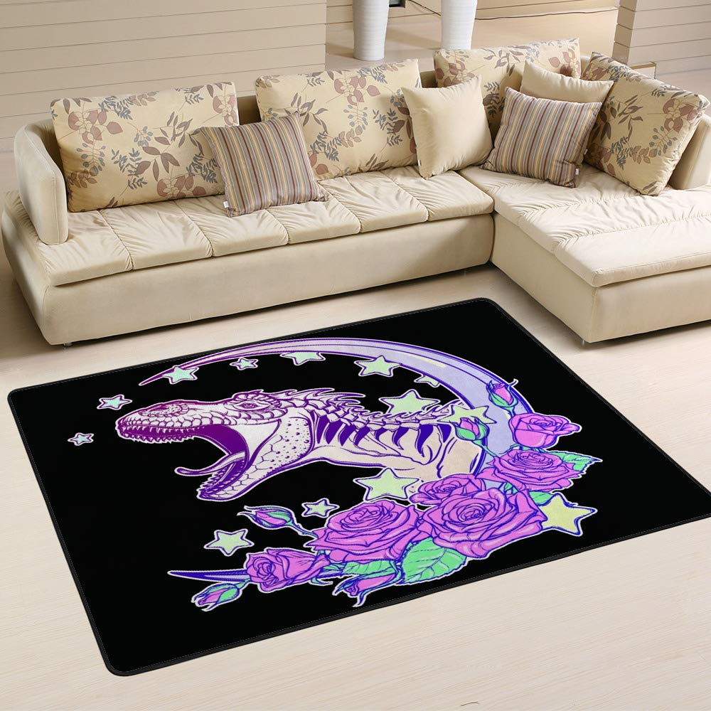 Washable Large Area Rug for Living Room & Bedroom - Soft Coral Thick Roaring Tyrannosaurus Moon Roses Pastel Goth Design | Modern Dinosaur Themed Rug for Kids Room, Nursery, or Gothic Home Decor