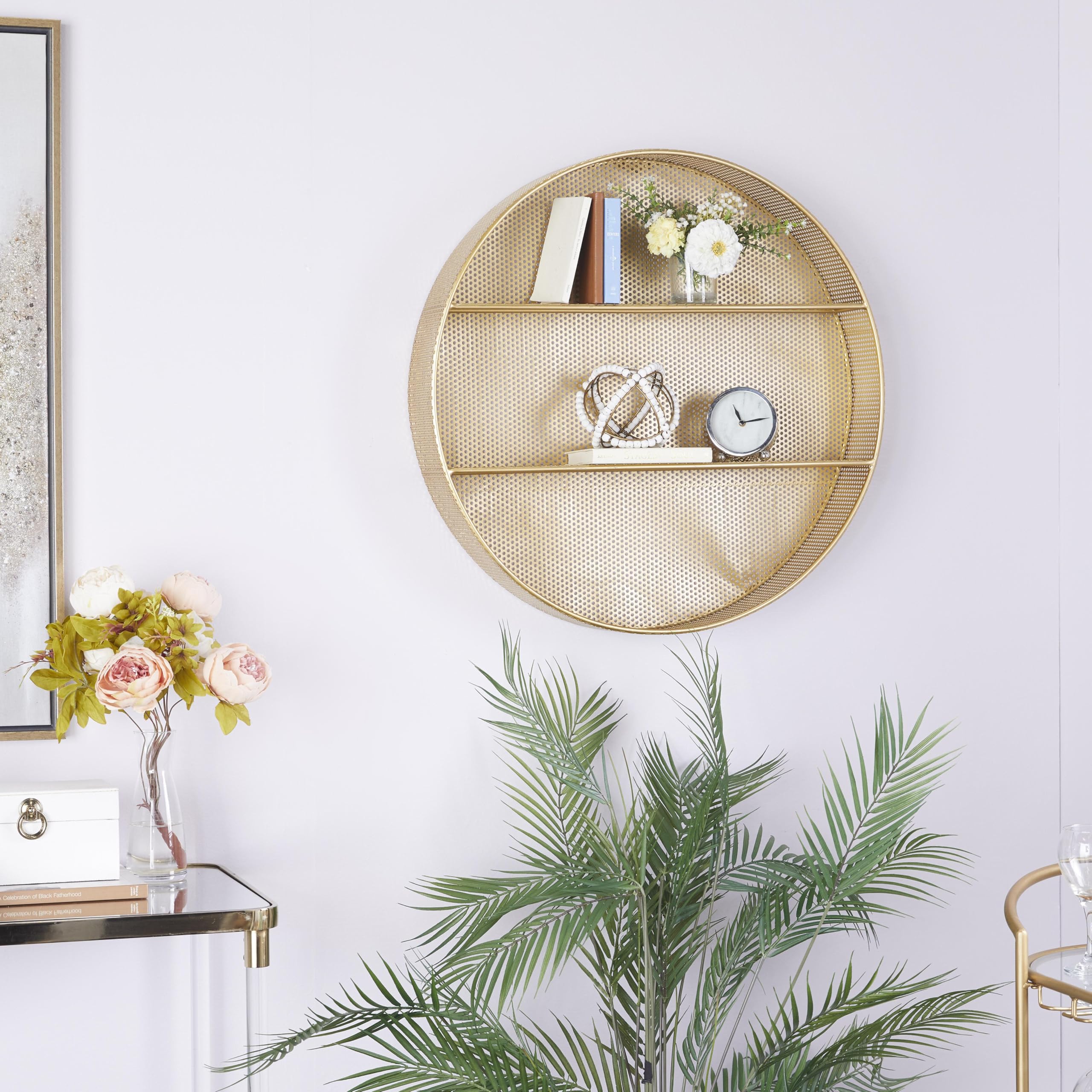 CosmoLiving by Cosmopolitan Gold Metal Round 2-Tier Wall Shelf - 28
