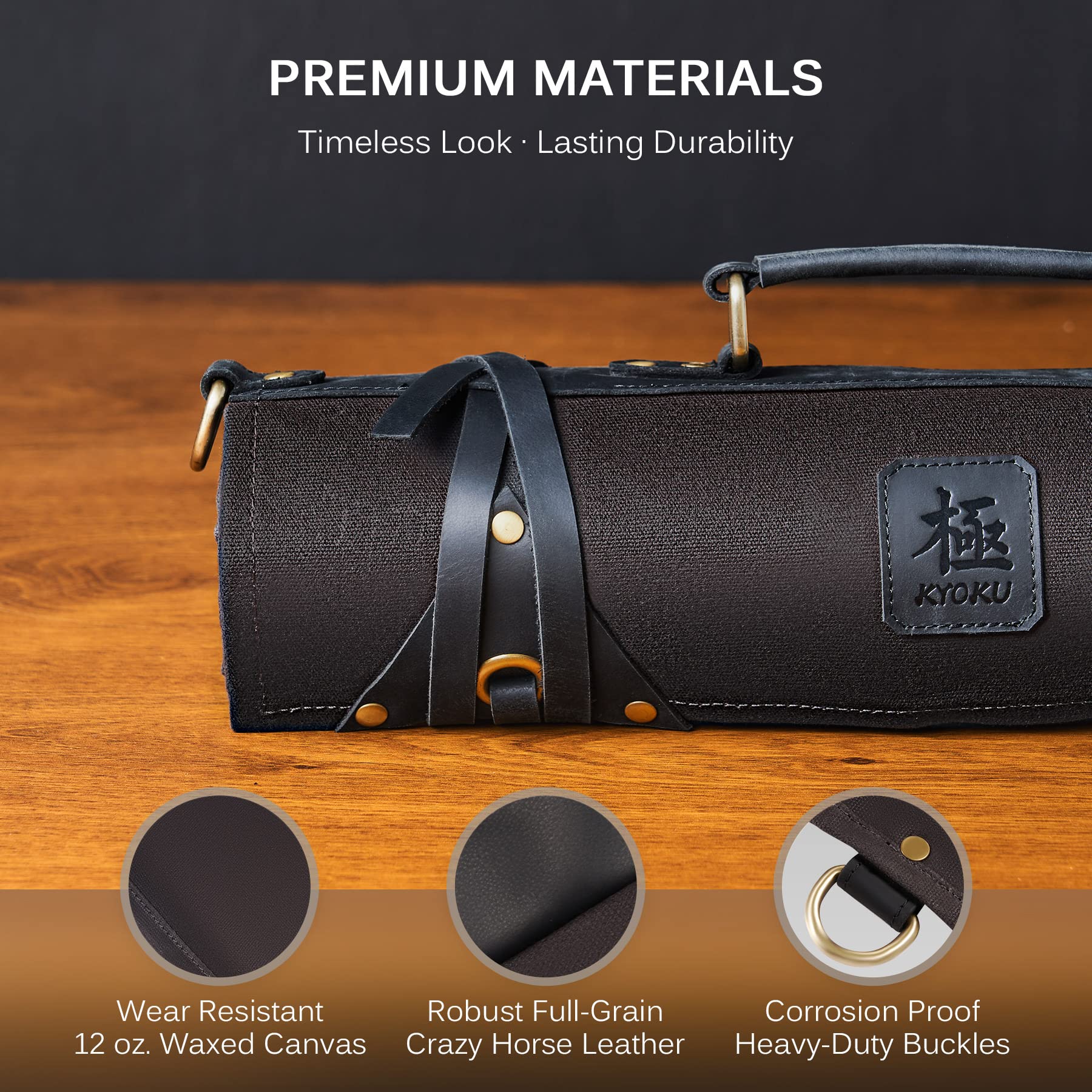Premium KYOKU Chef Knife Roll Bag - 10-Slot Professional Knife & Utensil Holder with 3 Cutlery Pockets | Durable Oiled Leather & Waxed Canvas Travel Case with Adjustable Strap (Black) | Ideal for Chefs, Culinary Students & Professional Kitchens