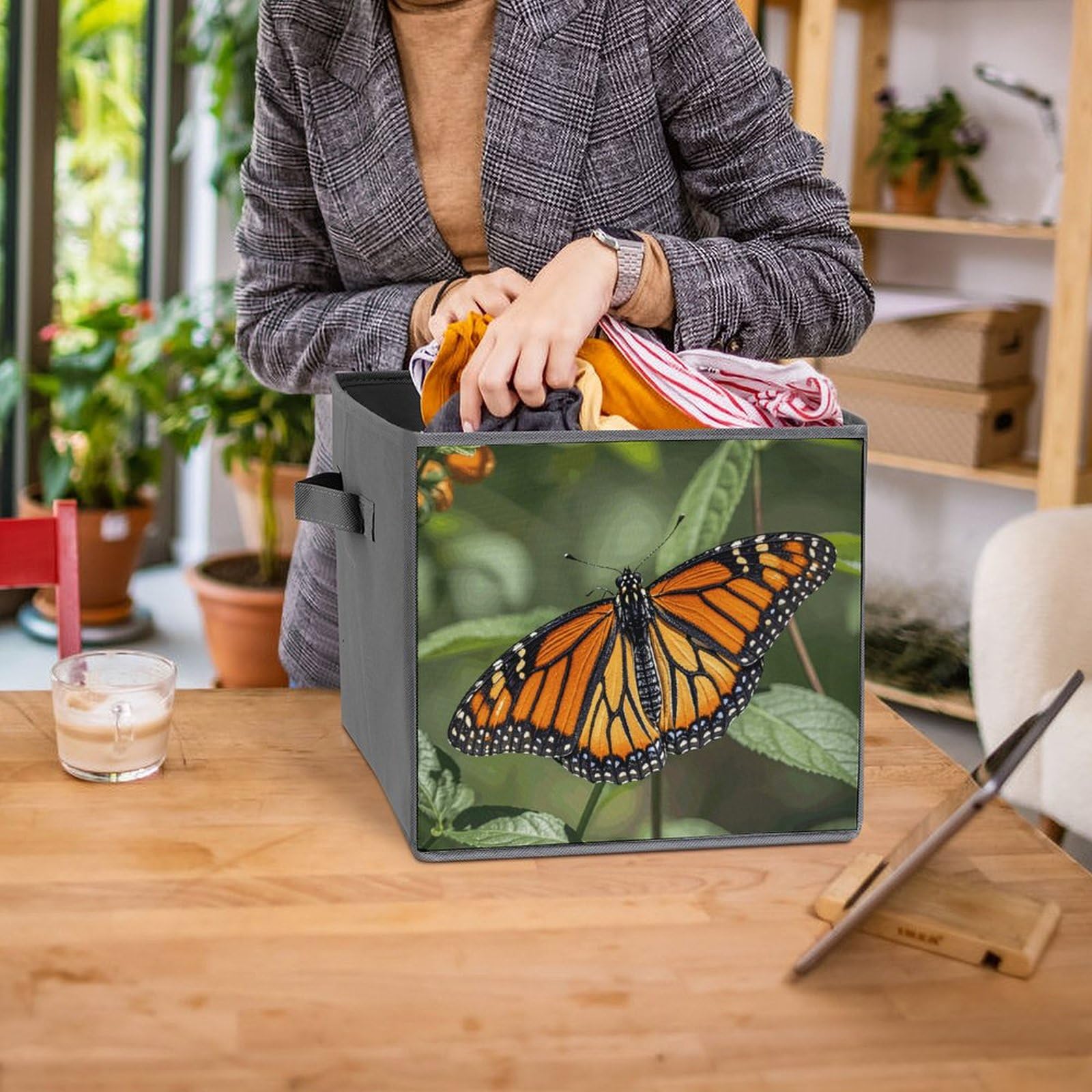 6-Piece Collapsible Storage Bins with Handles - Monarch Butterfly Printed Foldable Organizing Baskets for Shelves, Closet, Pantry | Space-Saving Home Organization Solution for Bedroom, Bathroom & Kitchen Storage