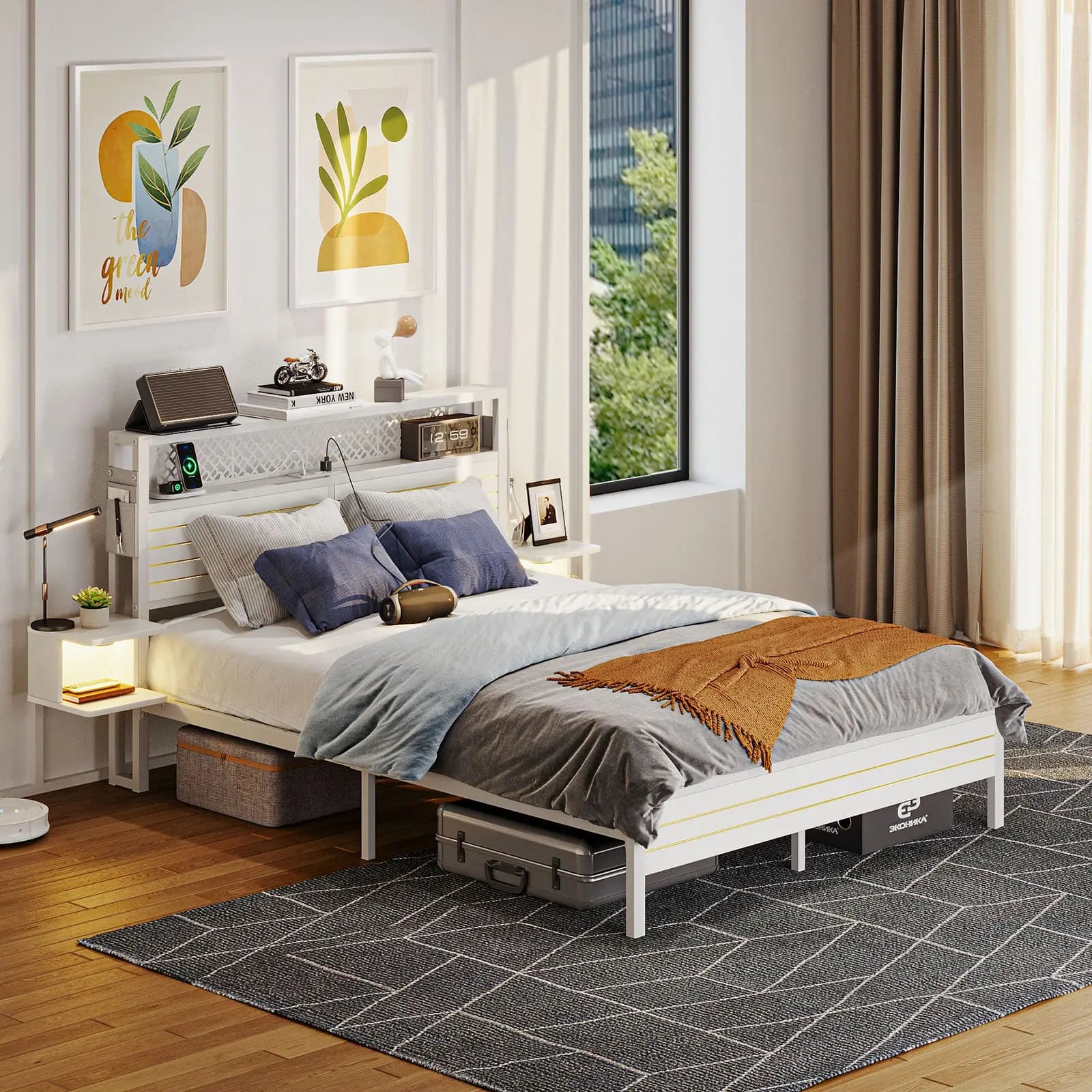 Bestier Queen Bed Frame with Horizontal Golden Stripe Storage Headboard - Modern Platform Bed with Underbed Storage - Perfect for Small Bedrooms, Guest Rooms & Apartments