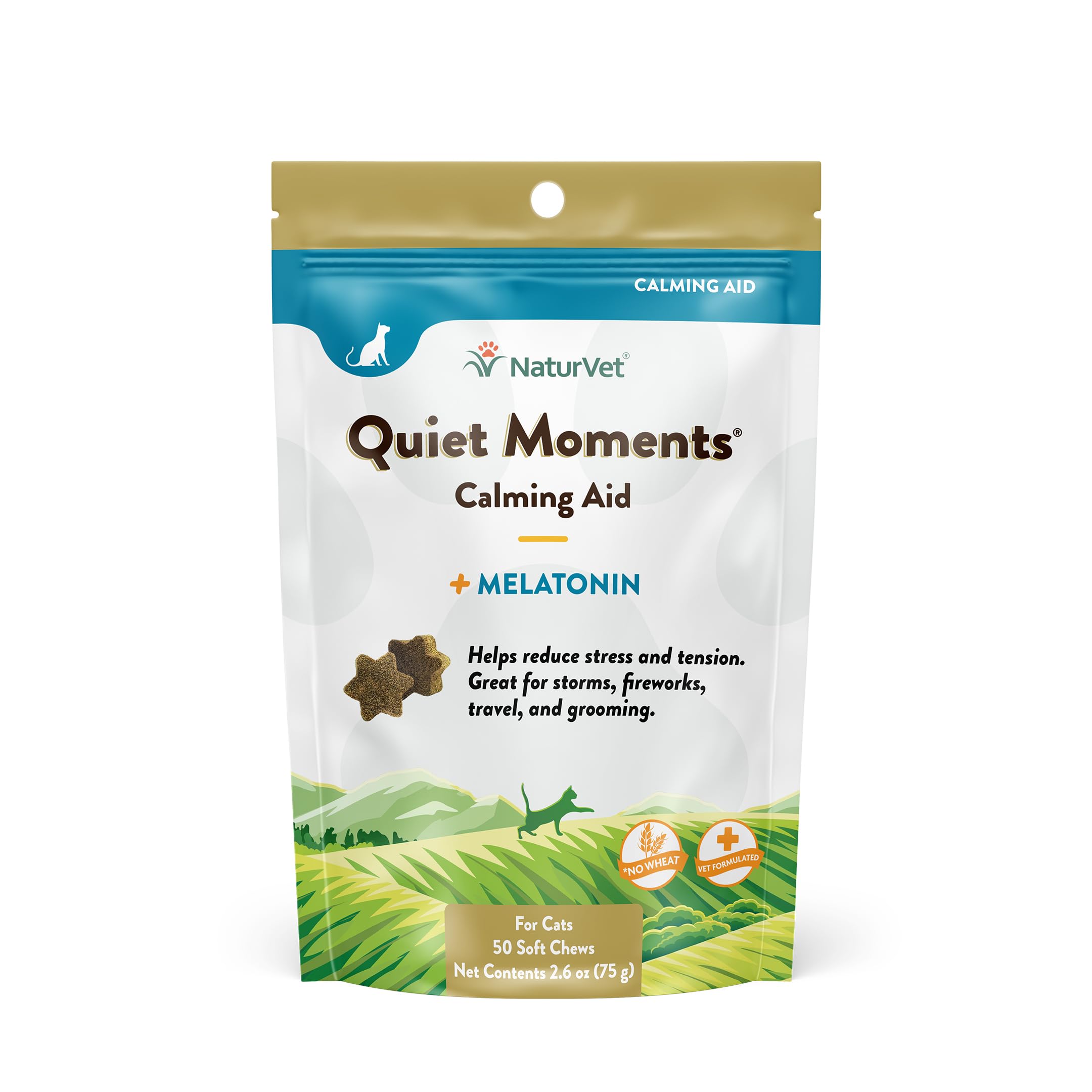 NaturVet Quiet Moments Calming Aid Cat Supplement with Melatonin – Stress Relief for Cats – Helps with Anxiety, Motion Sickness, Grooming & Travel – 50 Soft Chews – Perfect for Storms, Vet Visits & New Environments