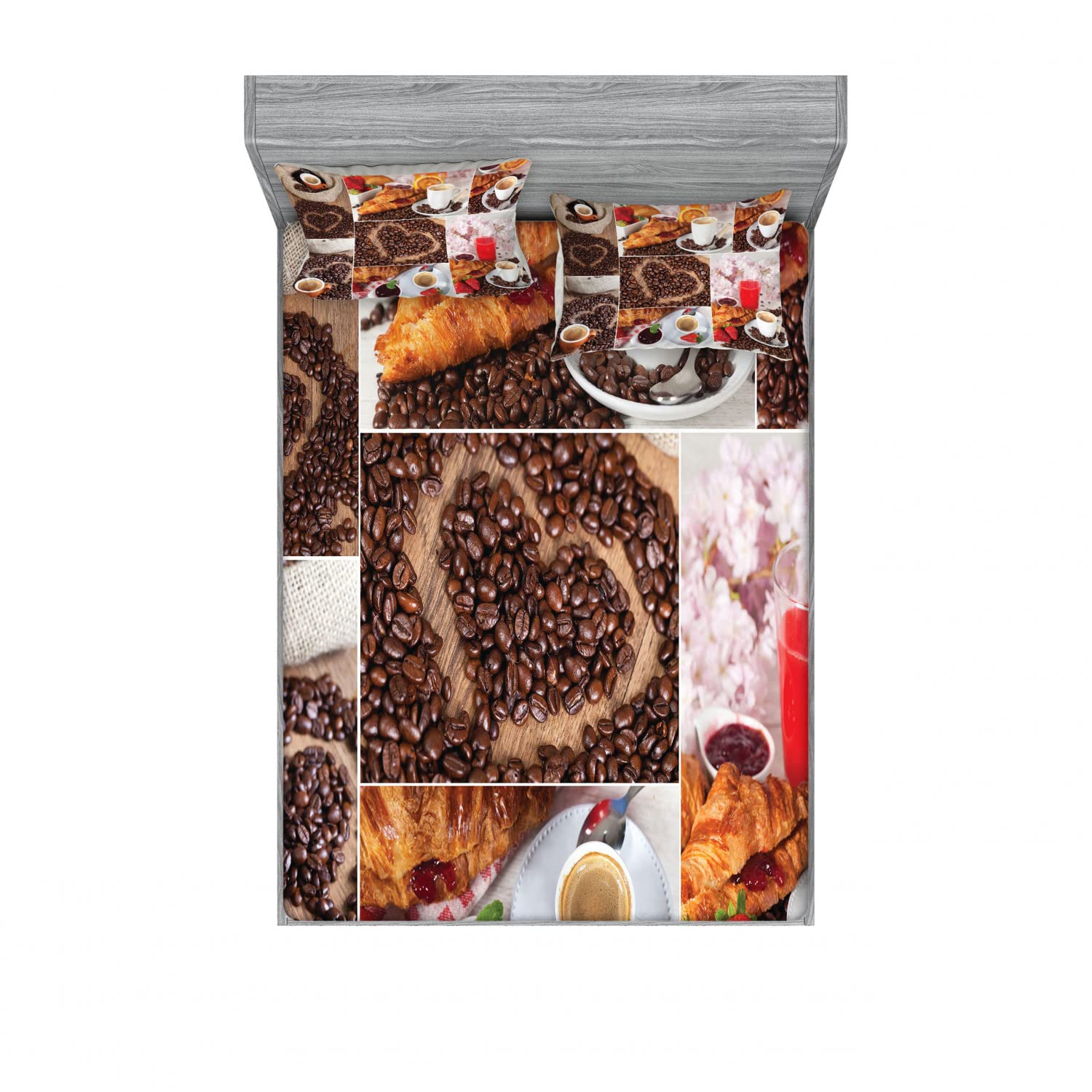 Ambesonne 2-Pack Queen Size Fitted Sheet & Pillow Sham Set - Croissant & Coffee Print 4-Piece Bedding Decor for Cozy Bedroom - Includes 2 Fitted Sheets & 4 Pillow Covers - Perfect for Home, Dorm, Guest Room & Airbnb