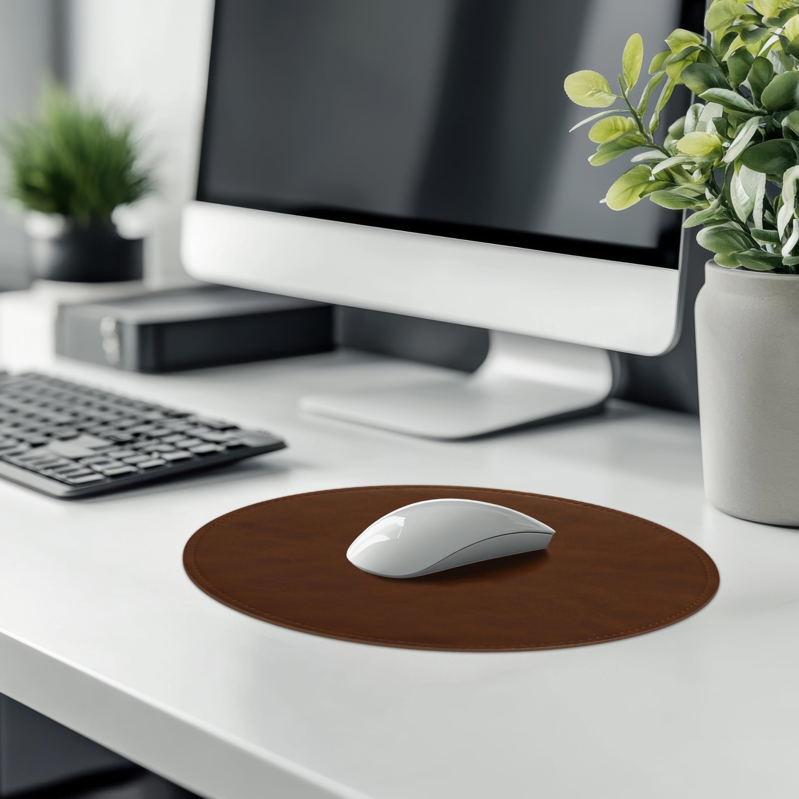 Premium Round PU Leather Mouse Pad with Stitched Edge & Non-Slip Micro-Fiber Base - Waterproof Computer & Laptop Mouse Mat (9x9 Inch, Dark Caramel Brown) for Office, Gaming & Home Workspace