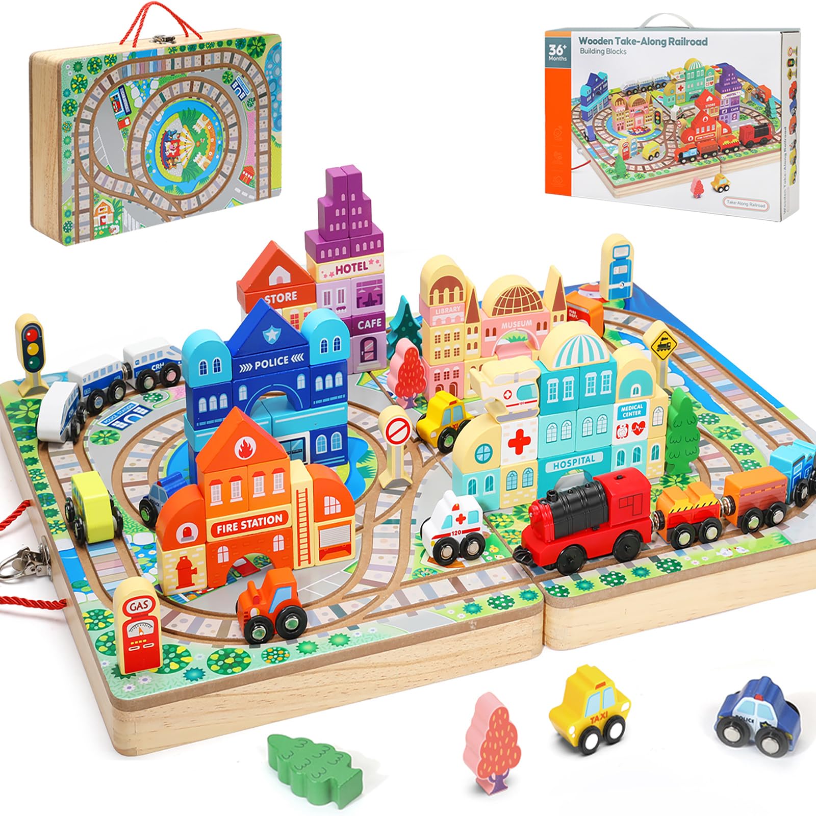 Large Wooden Building Blocks Set with Electric Train - City Construction Stacking Blocks for Preschool Learning & Educational Toys | Wooden Take-Along Tabletop Railroad Play Set for Toddlers | Perfect for Pretend Play, STEM Learning & Creative Development