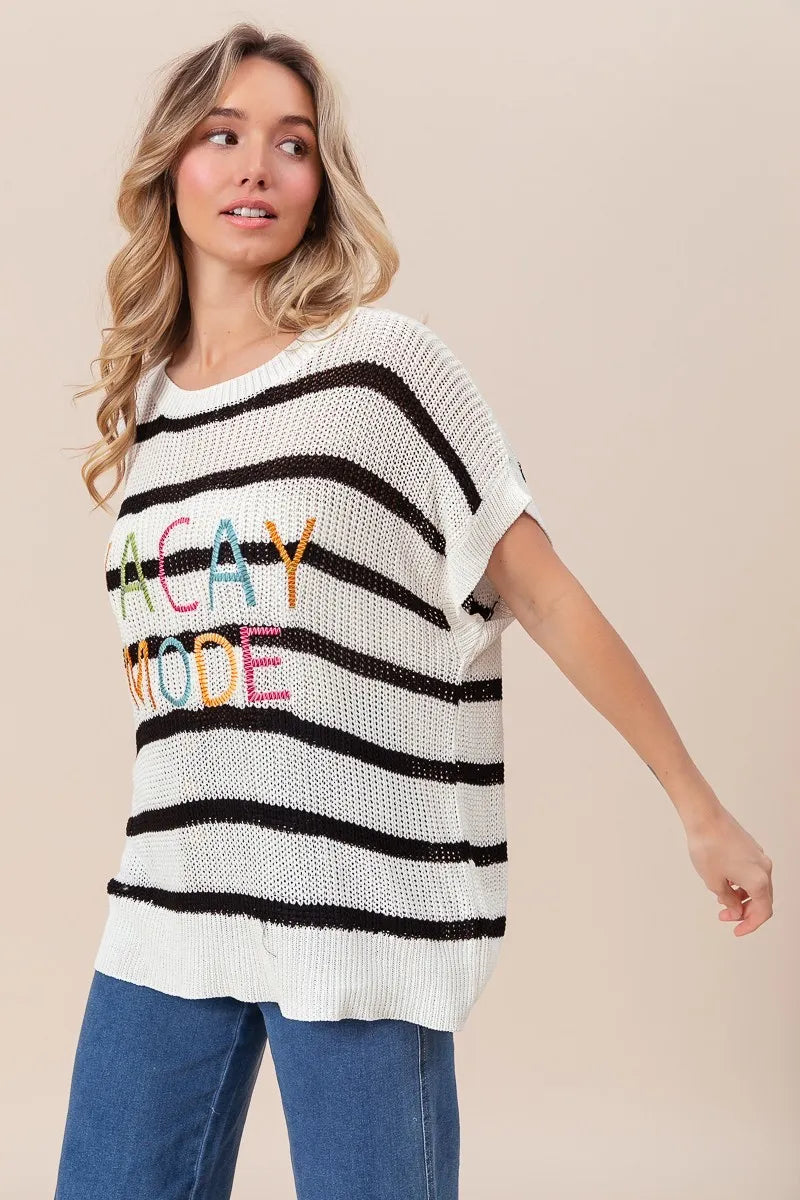 BiBi Vacay Mode Lettering Drop Shoulder Striped Sweater - Women's Casual Oversized Pullover for Beach Vacation, Travel & Cozy Fall Outfits