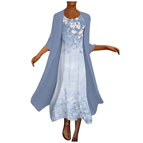 Women's Summer Dresses Flowy Floral Print Two-Piece Set - Chiffon Plus Size Sleeveless Crewneck Dress for Wedding Guest, Beach Vacation & Casual Outings