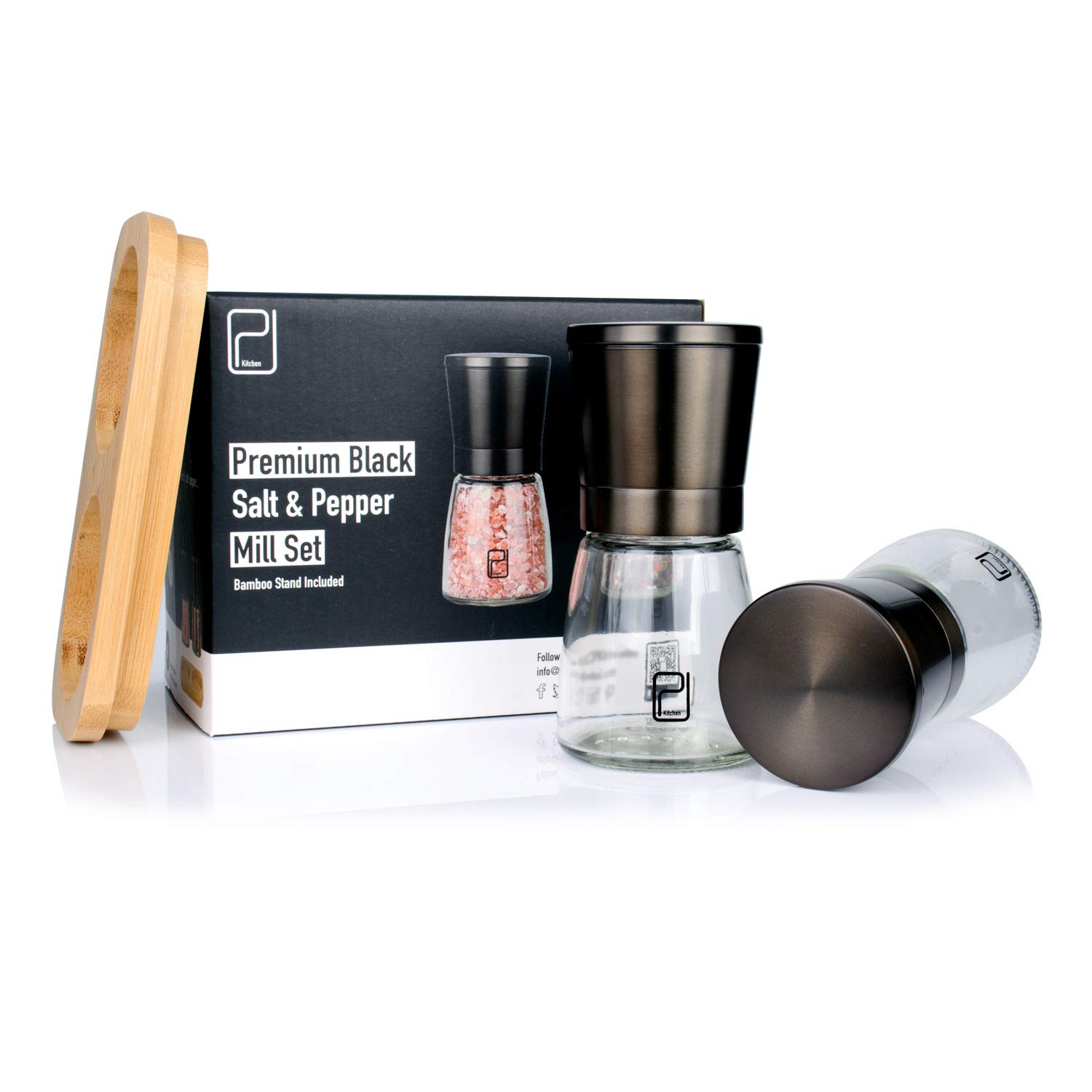 Premium Black Stainless Steel Salt and Pepper Grinder Set with Bamboo Wood Stand - Adjustable Coarseness Gunmetal Spice Mill - Bronze Pepper Grinder & Salt Shaker Set for Kitchen, Dining Table, BBQ, Camping & Gift Giving