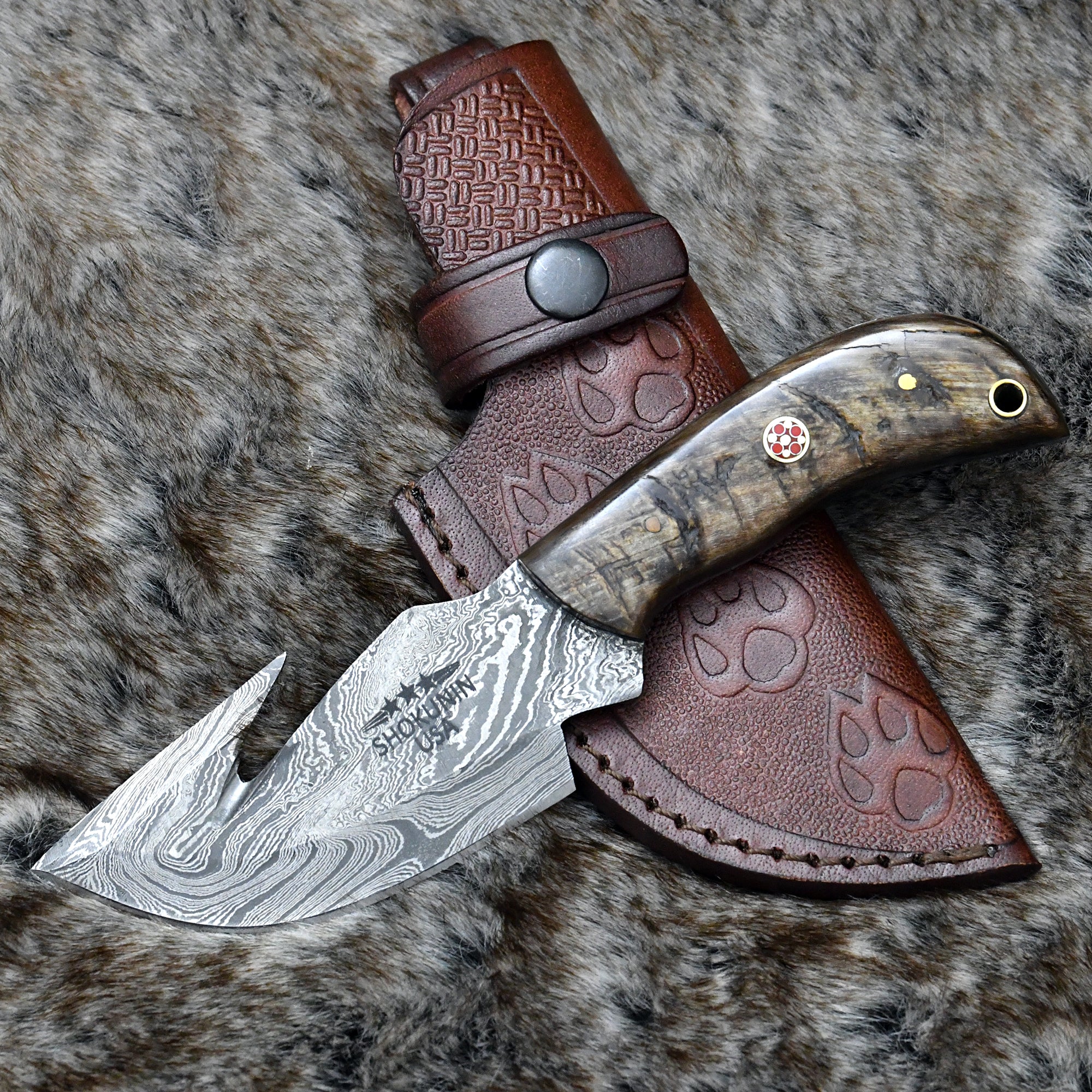 Premium Gut Hook Knife with Ram Horn & Turquoise Handle - Hunting, Skinning, and Outdoor Survival Tool