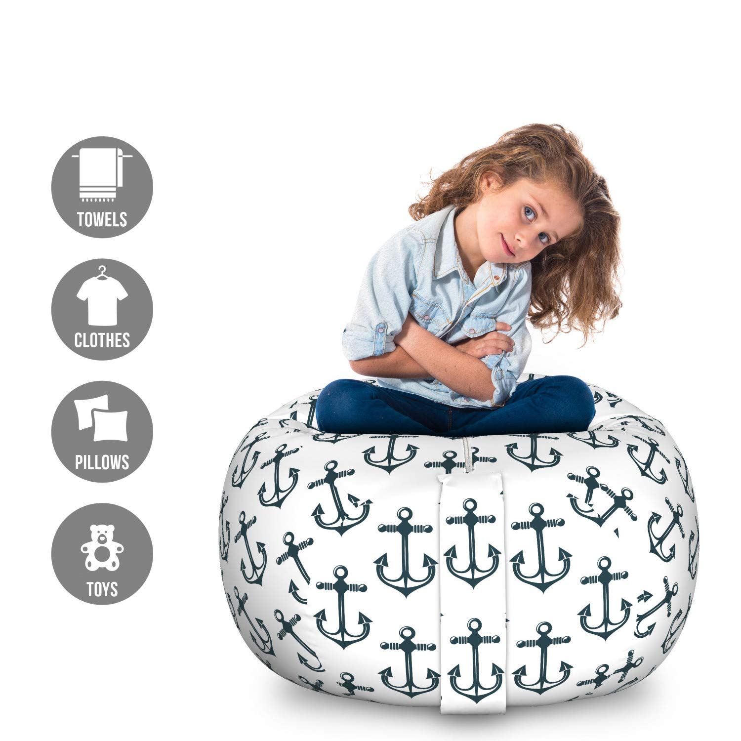 Ambesonne Nautical Toy Storage Bag Chair - Marine Themed Organizer for Stuffed Animals, Washable Large Size in Dark Petrol Blue & White | Perfect for Kids' Room, Nursery, Playroom & Travel Organization