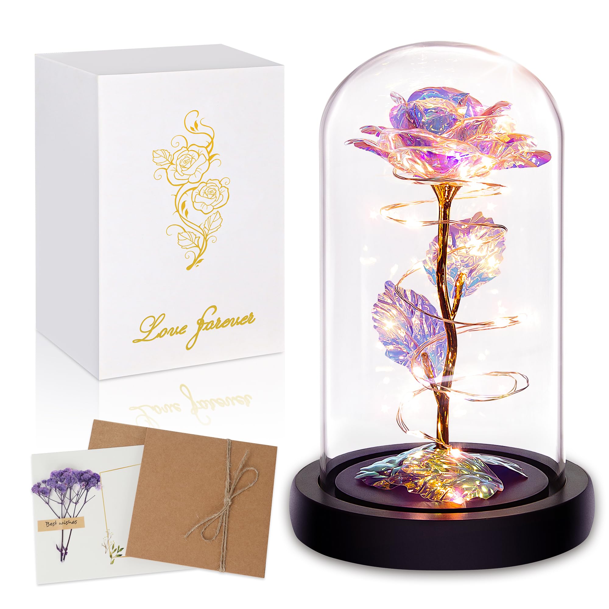 Light Up Rose in Glass Dome - Colorful Rainbow Flower Gift for Women, Mom, Wife, Grandma | Birthday, Mother's Day, Anniversary & Valentine's Presents | Romantic Home Decor & Special Occasion Gift Idea