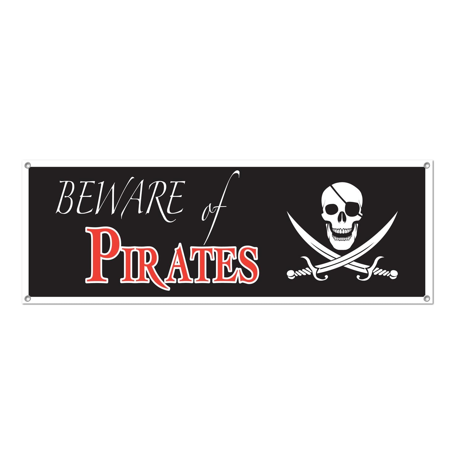 12 Pack Beistle Beware Of Pirates Party Sign Banner - Black - Perfect for Pirate Themed Birthday Parties, Halloween Decorations & Nautical Events