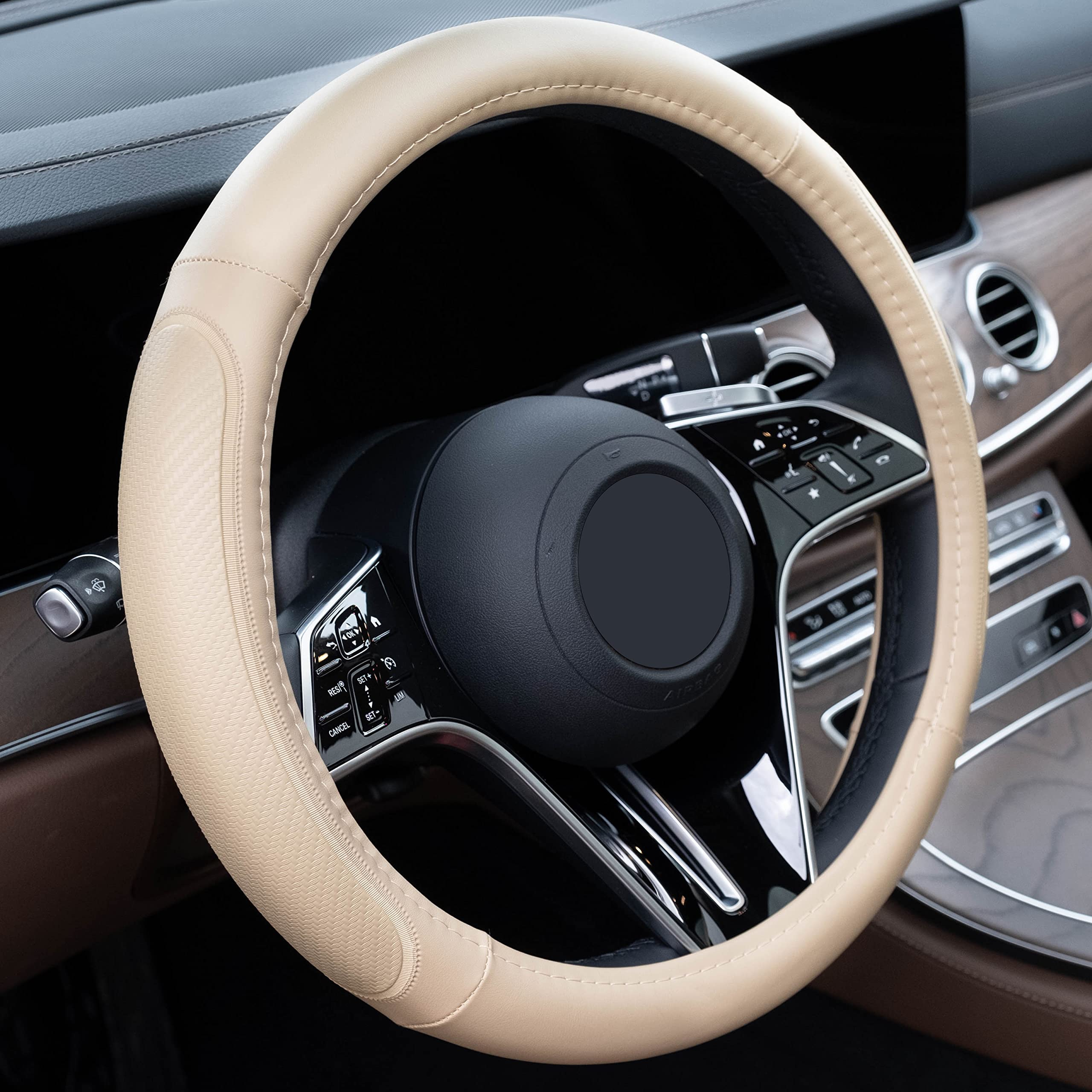Premium Microfiber Leather Steering Wheel Cover - Beige | Heat Resistant & Anti-Slip Car Accessory | Fits 14.5