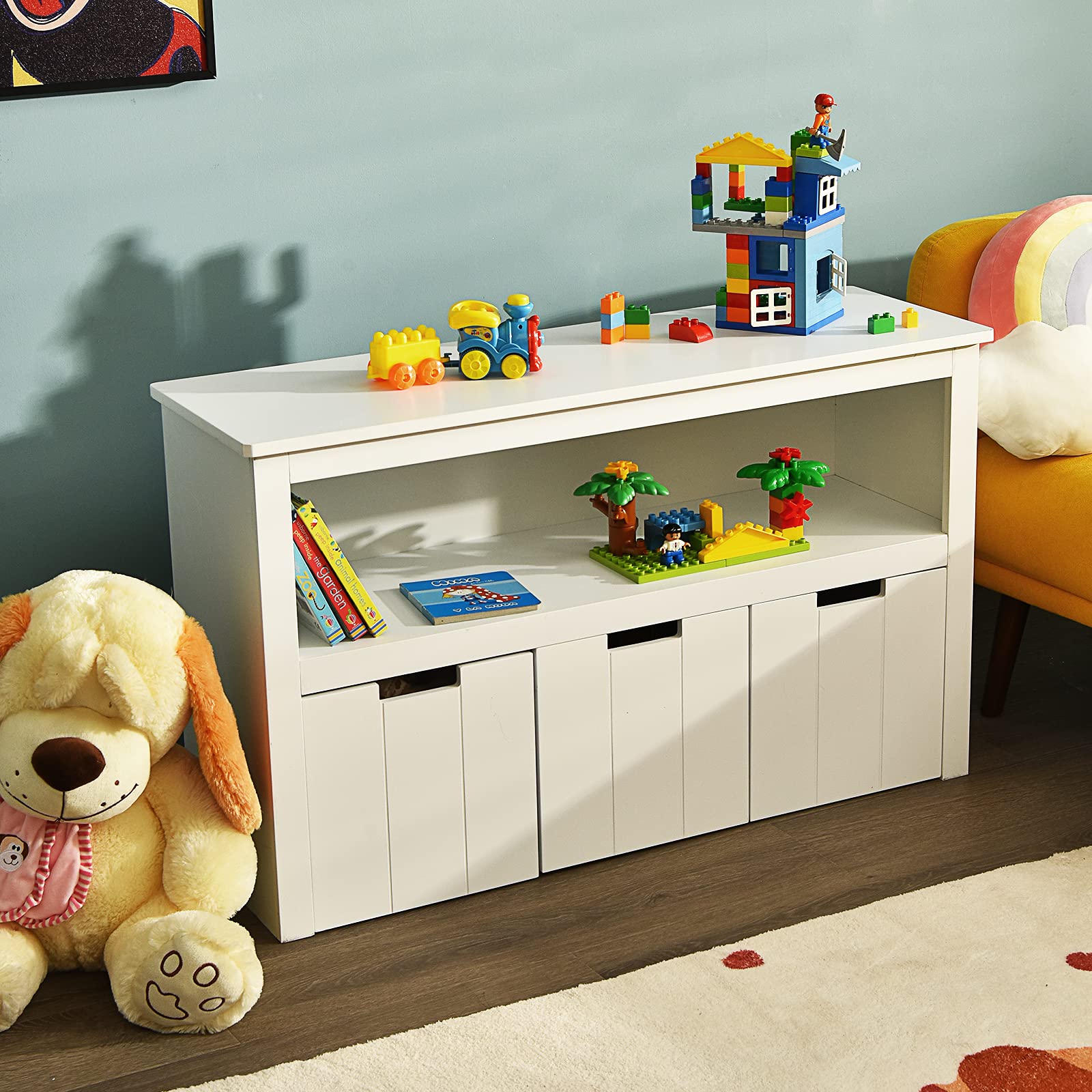 3-Drawer Storage Cabinet for Kids Toys with Large Open Shelf & Hidden Wheels - 2-in-1 Multifunctional Organizer for Bedroom, Living Room, Office - White | Perfect for Toy Storage, Home Organization & Small Space Furniture