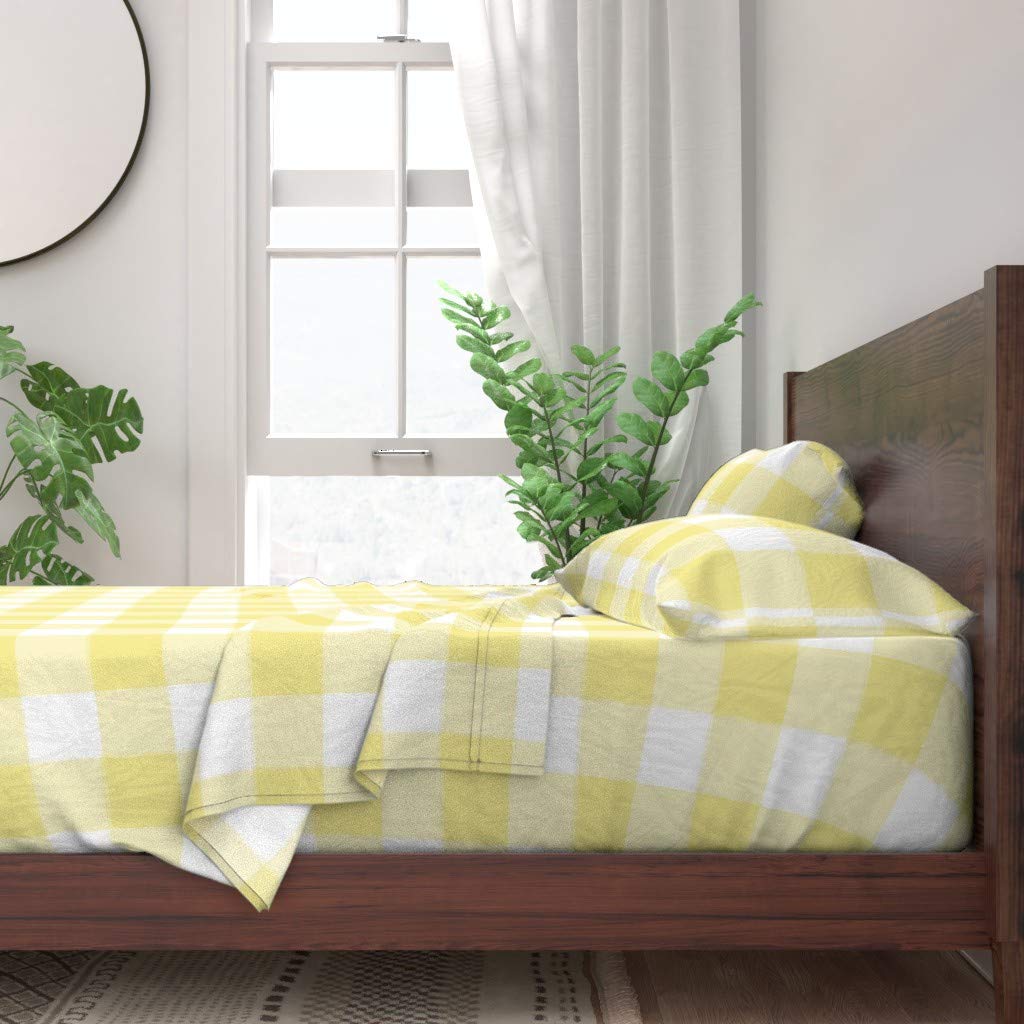 Spoonflower 100% Cotton Twin Sheet Set - 3pc Buffalo Check Gingham Plaid Bedding in Yellow | Soft & Breathable for Comfortable Sleep | Perfect for Guest Rooms, Dorms & Cozy Bedrooms