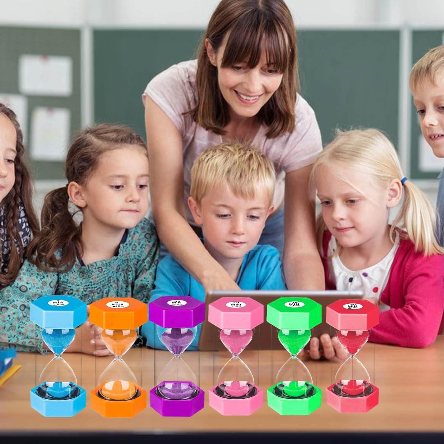1/3/5/10/15/30 Minute Plastic Hourglass Sand Timer Set - Colorful Large Sand Clock for Kids, Classroom, Kitchen & Office - Visual Time Management Tool for Games, Cooking, Study & Work Productivity