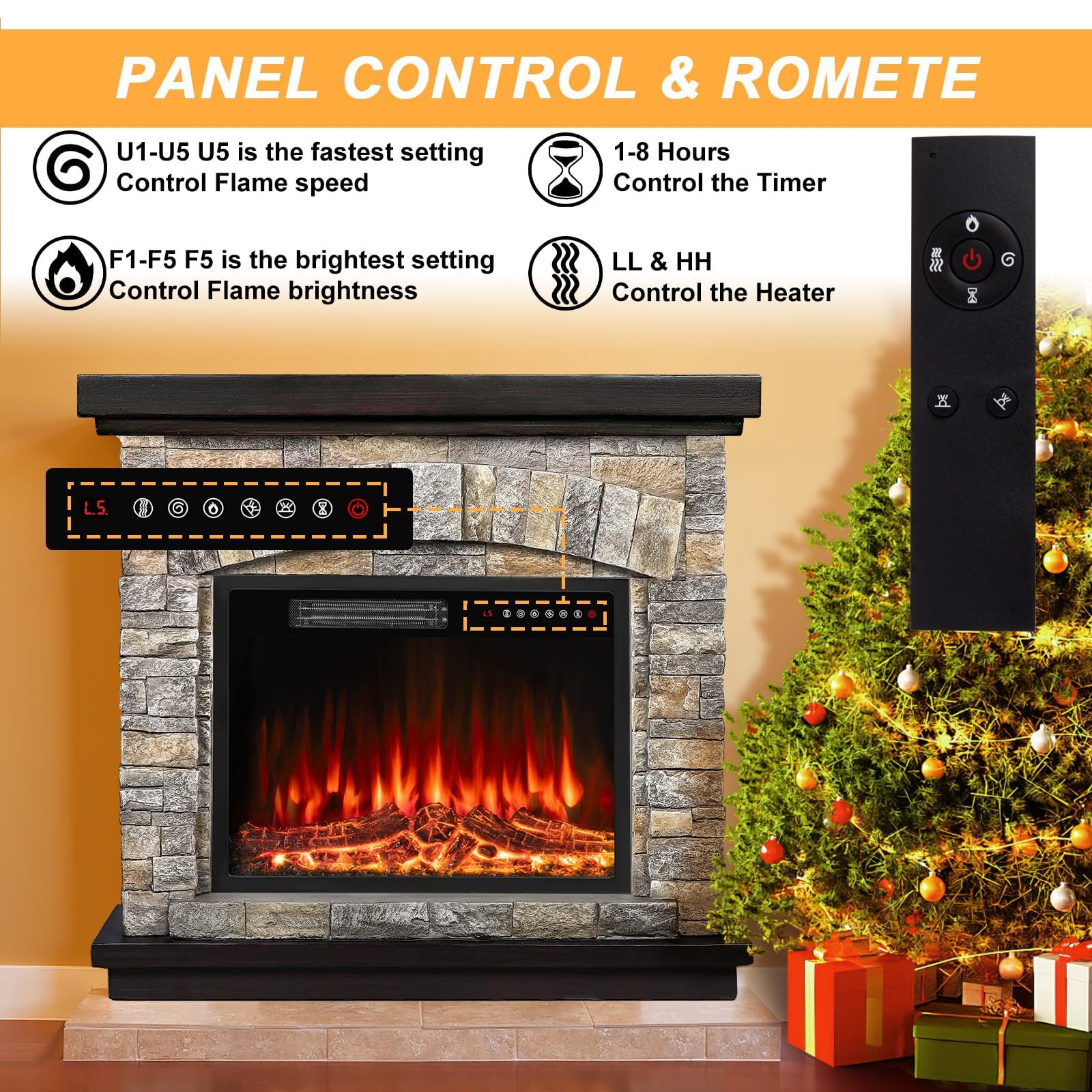 BOSSIN 36 Inch Electric Fireplace with Mantel - 23 Inch Insert, Freestanding TV Stand Heater with Remote Control & Timer, Realistic LED Flame - Faux Stone Gray - Perfect for Living Room, Bedroom & Office Warming