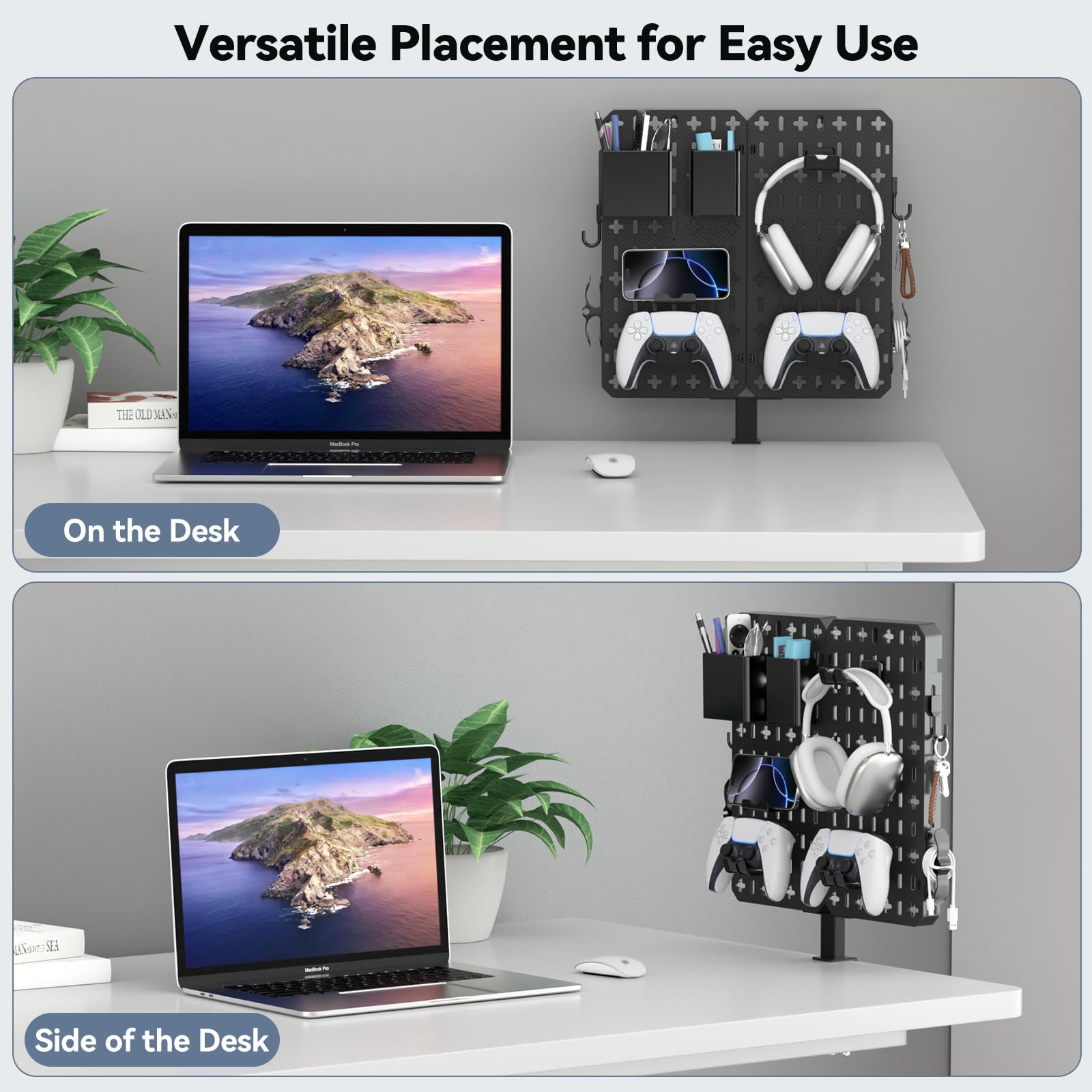 KDD 7-in-1 Clamp-On Desk Pegboard Organizer - No Drill Required, Includes Phone Stand, Pen Holder, Storage Box, Headset & Controller Holder, Hooks | Detachable Gaming & Office Accessories for Home & Workspace Organization | Perfect for Small Spaces, Gaming Setups & Home Office Desks