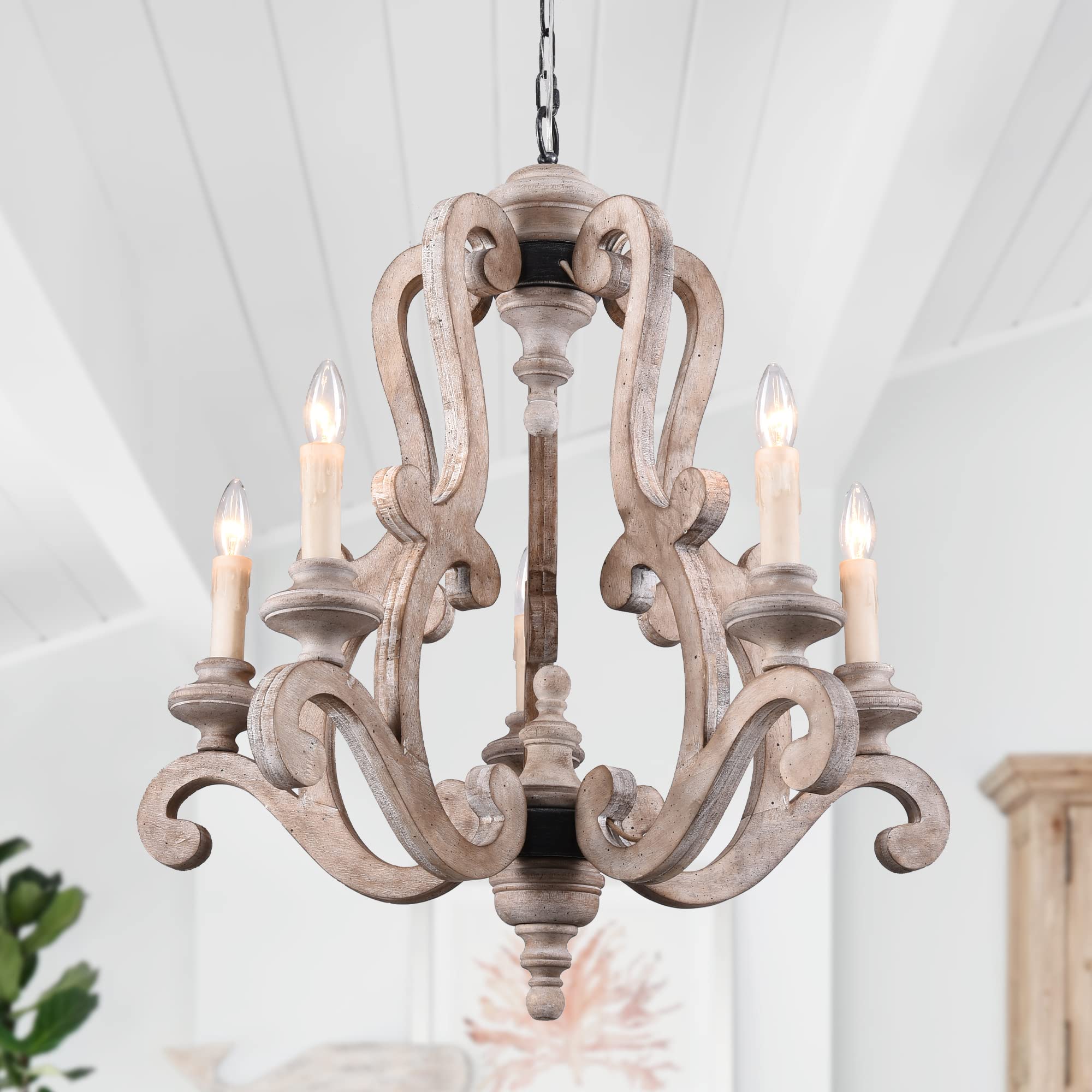 5-Light Farmhouse Chandelier - Rustic Wood Ceiling Light Fixture for Dining Room, Kitchen, Living Room, Bedroom, Entryway & Staircase - Weathered Finish - Perfect for Cozy Home Decor & Farmhouse Style Interiors