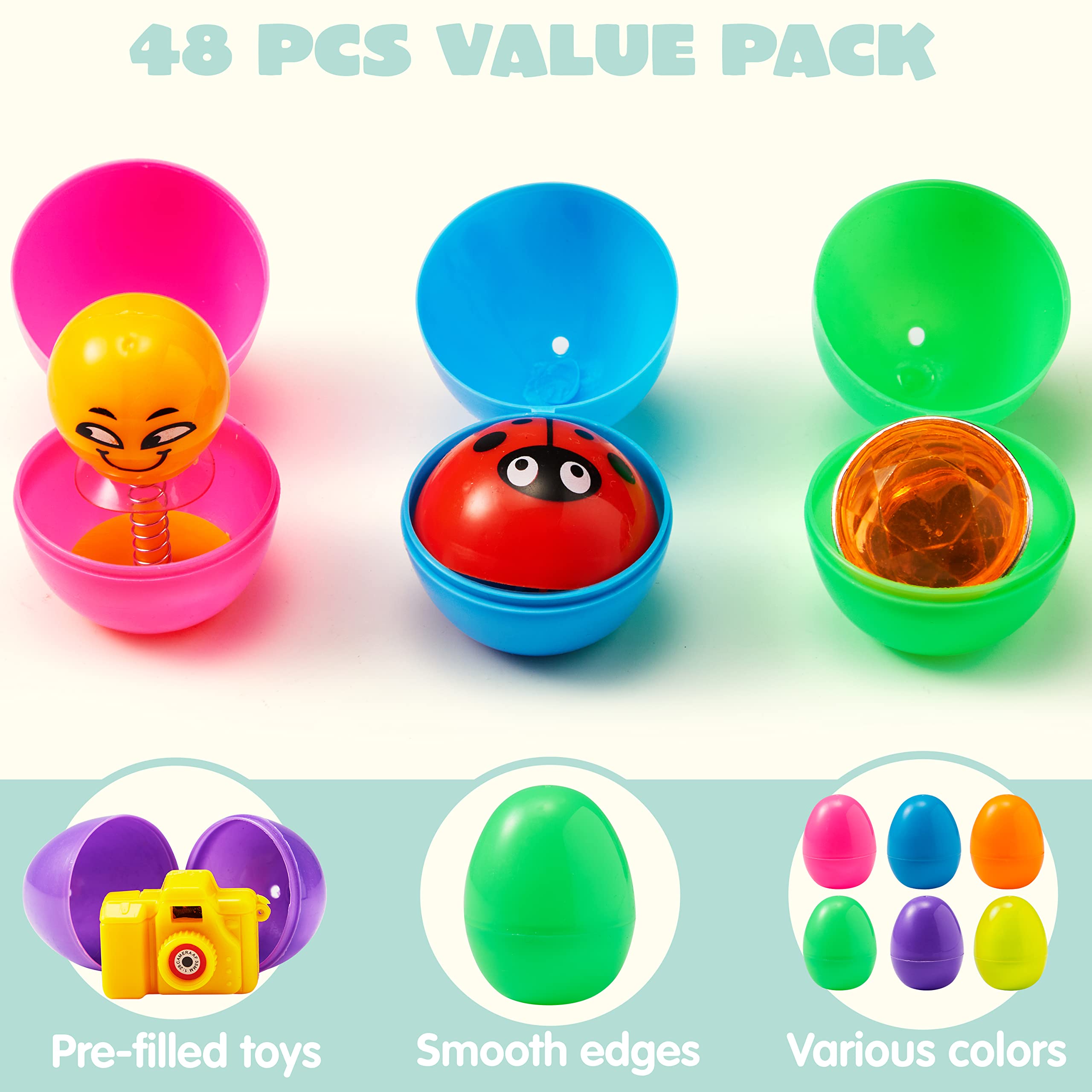 JOYIN 48Pcs Prefilled Easter Eggs with Assorted Toys Inside - Fun Easter Basket Stuffers & Party Favors for Kids, Boys & Girls - Perfect for Classroom Exchanges, Easter Egg Hunts & Spring Celebrations