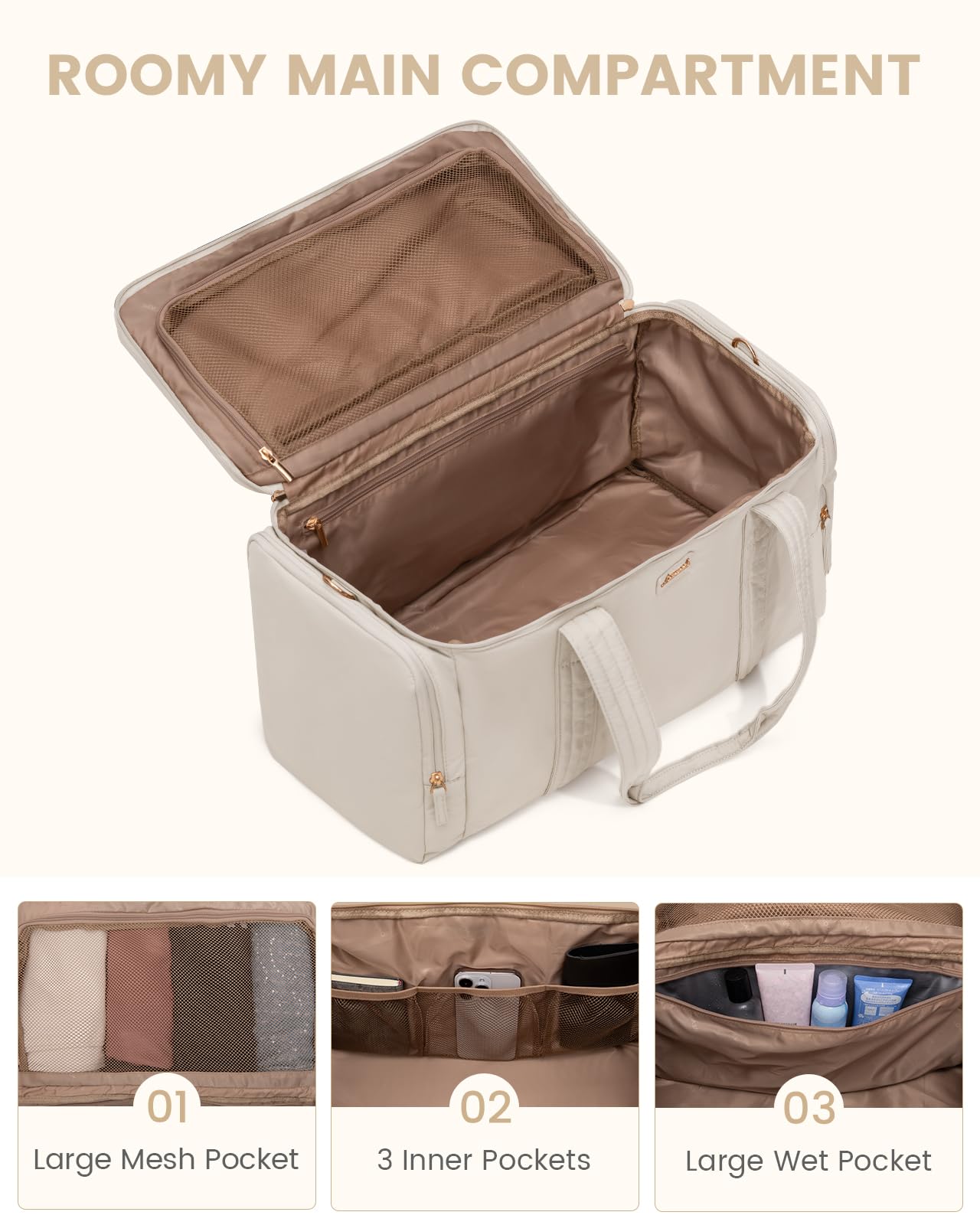 LOVEVOOK Women's Puffer Weekender Travel Duffle Bag - 3-Piece Set with Toiletry Bag & Wet Pocket - Perfect for Airplane Carry-On, Hospital Labor Delivery, Yoga Gym & Weekend Getaways - Beige