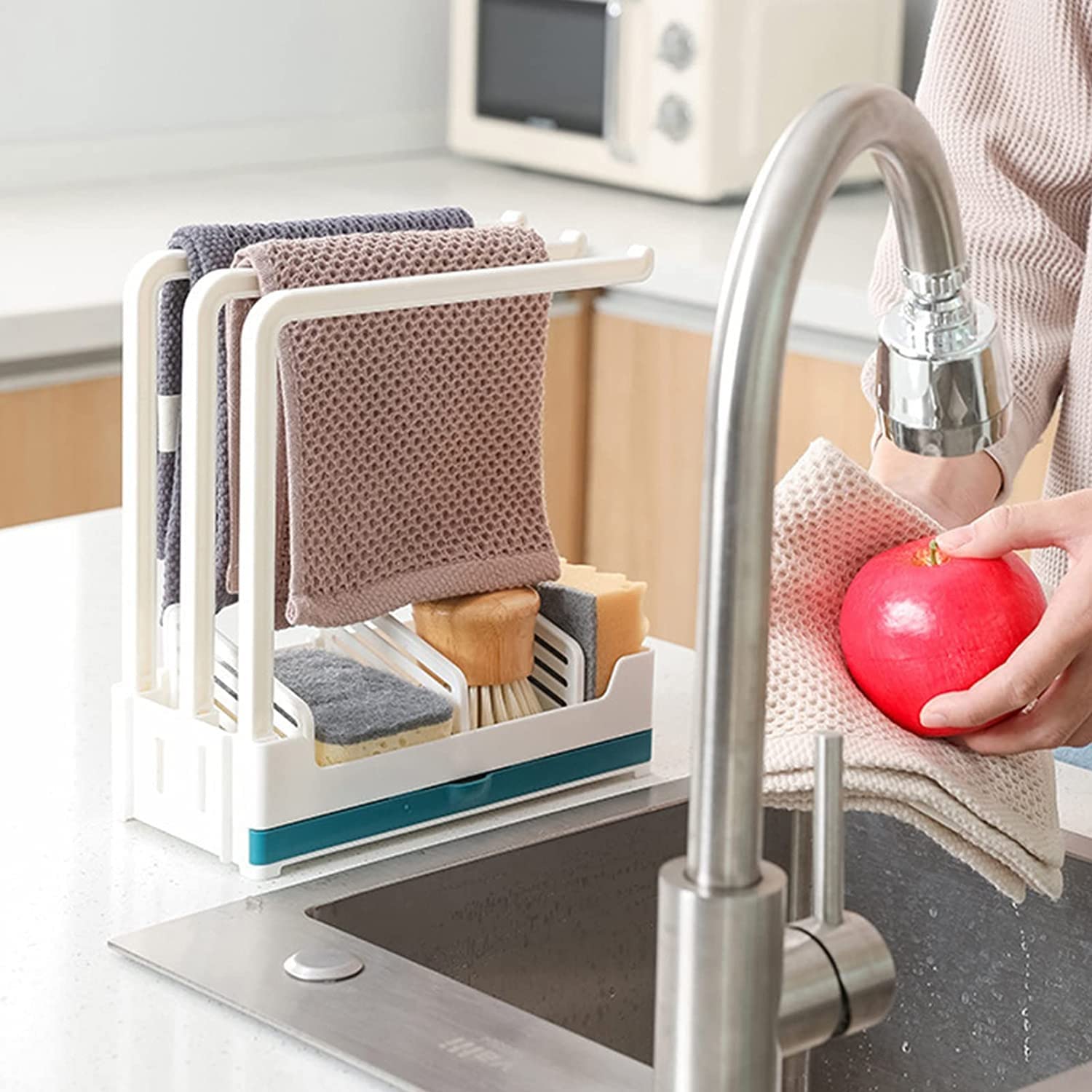 **Stainless Steel Kitchen Sink Caddy & Sponge Holder with Drain Pan - Expandable Sink Organizer for Dishwashing Sponges, Brushes & Cleaning Tools - Perfect for Home Decor & Kitchen Storage**    *(Use Case: Keep your sink area tidy while organizing sponges, brushes, and dish soap for a clutter-free kitchen!)*