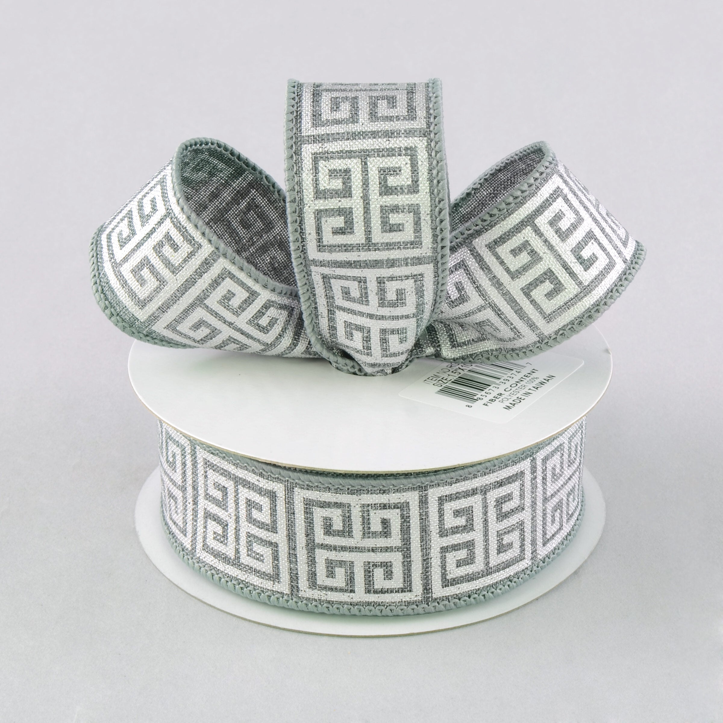 1.5 Inch Greek Key Pattern Canvas Ribbon - Grey & Metallic Silver Trim (10 Yards) for DIY Crafts, Gift Wrapping, Home Decor and Wedding Decorations