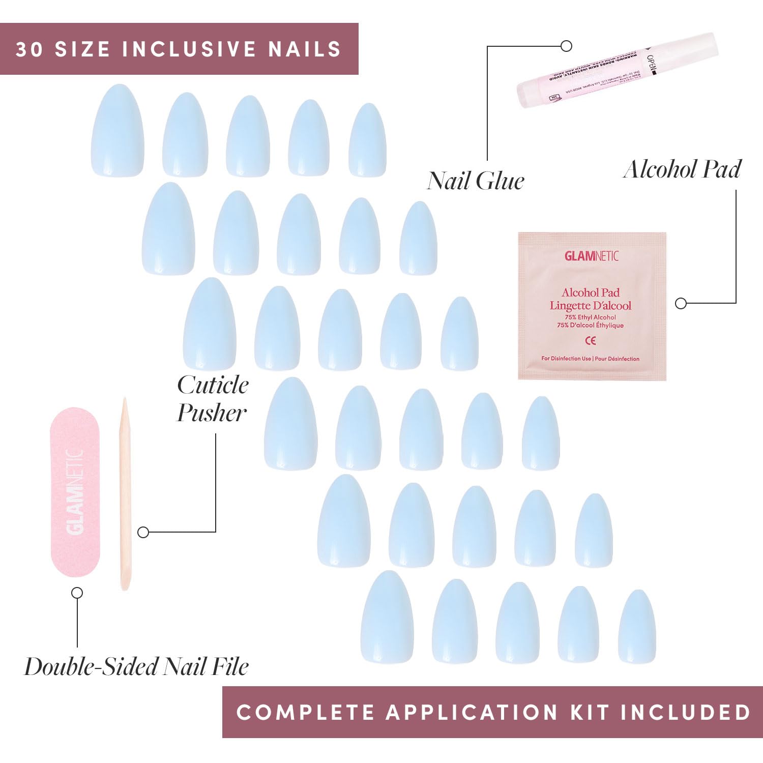 Glamnetic Press On Nails - Blueberry Milk | Light Blue Short Almond Fake Nails, Reusable False Nails with 15 Sizes (30 Pieces) | Perfect for Parties, Weddings, Daily Wear & Nail Art