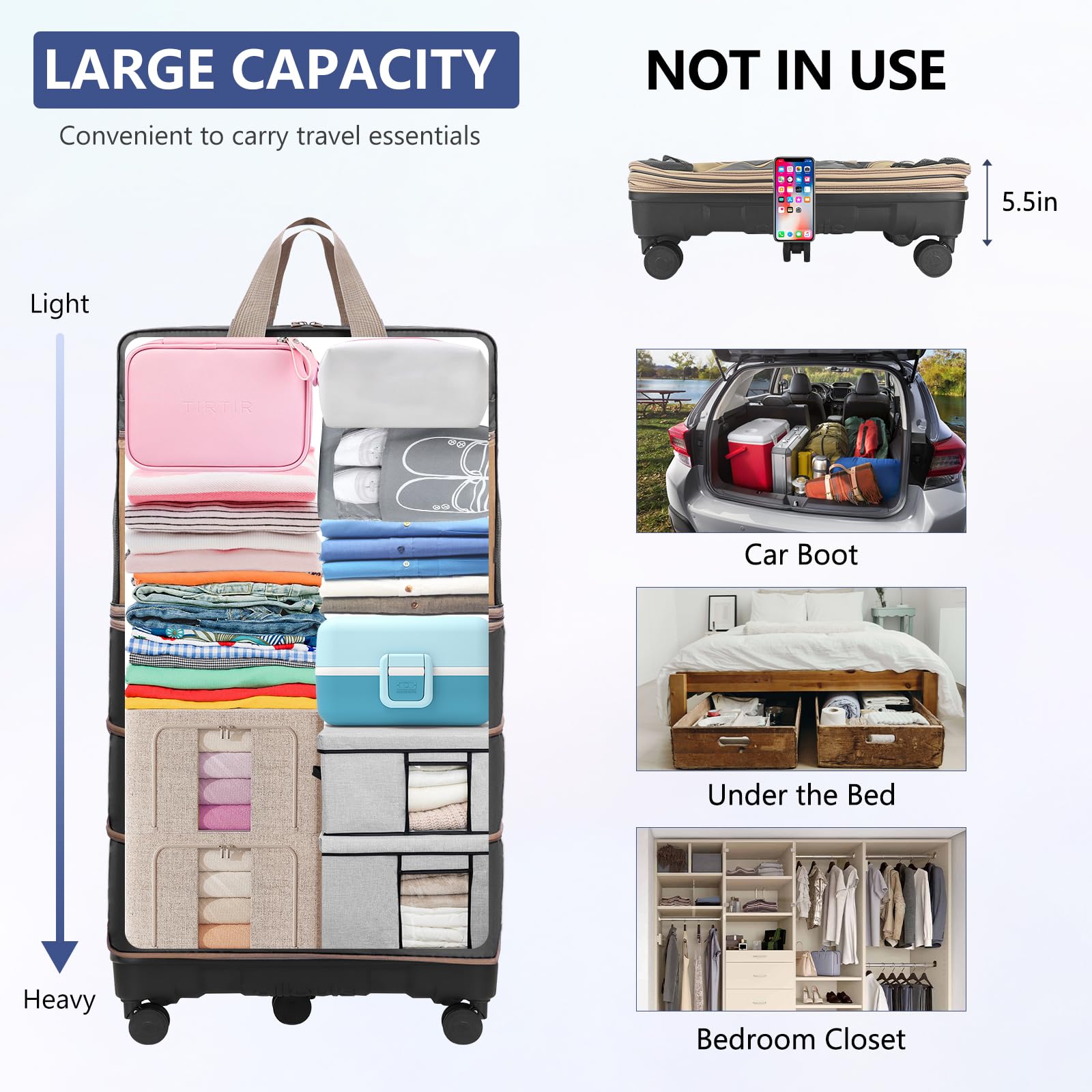 Expandable 143L Collapsible Suitcase with Wheels - Waterproof Travel Luggage with Hidden Pull Handle & Removable Silent Spinner Wheels - Foldable Rolling Suitcase for Air Travel, Business Trips, and Home Storage