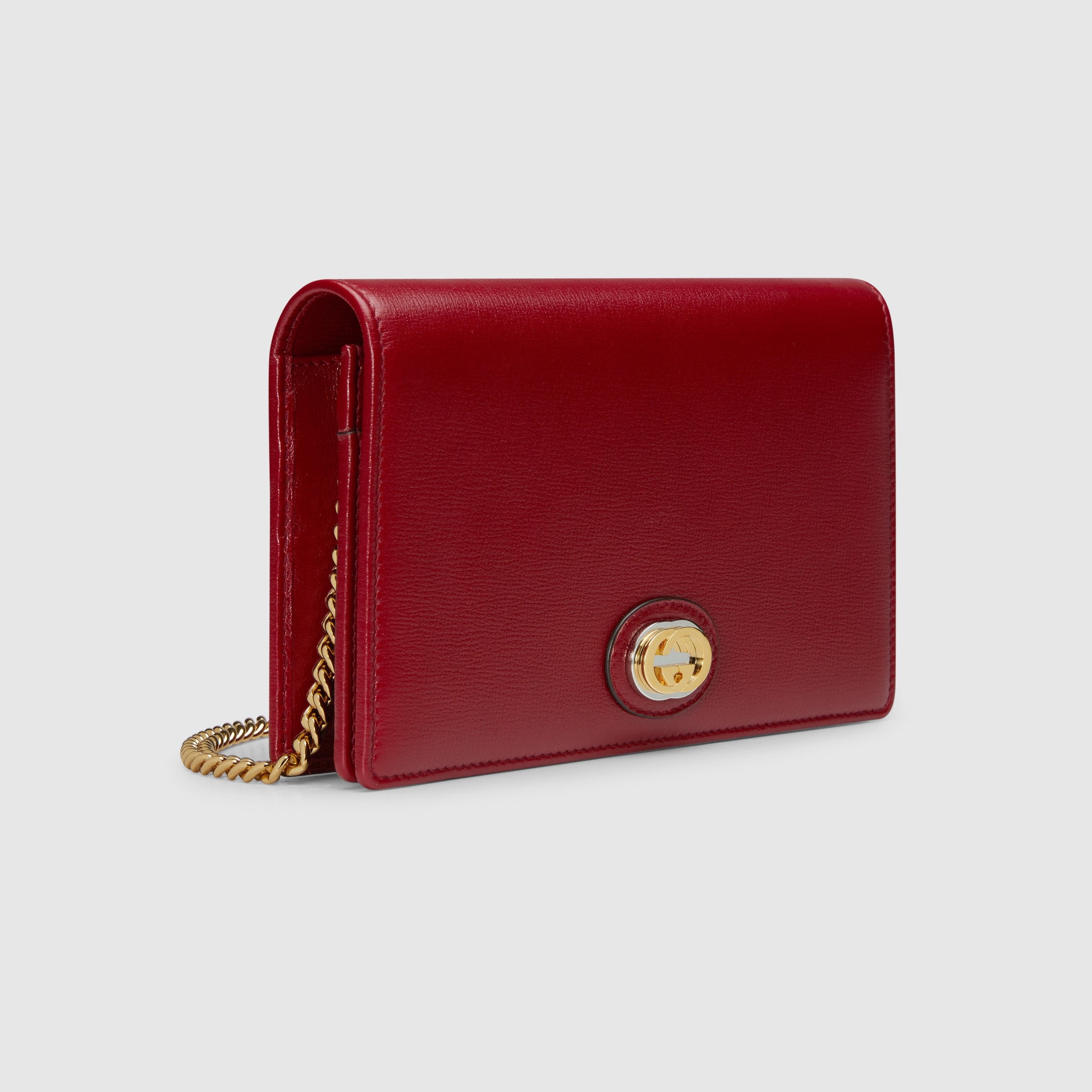 Gucci Leather Chain Card Holder Wallet for Women - Red | RFID Blocking Credit Card Case with Detachable Chain Strap | Perfect for Parties, Travel & Everyday Use