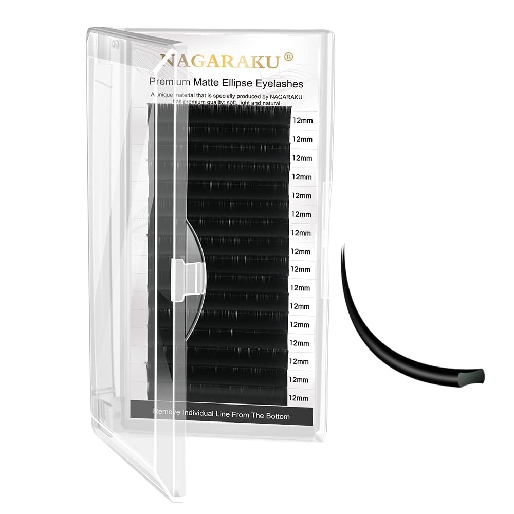 NAGARAKU Ellipse Eyelash Extensions - 0.15mm Flat Split Tip Individual Lashes | C Curl 12mm Matte Black | Professional Classic Lash Supplies for Salon & Home Use | Perfect for Volume Fans & Natural Looks