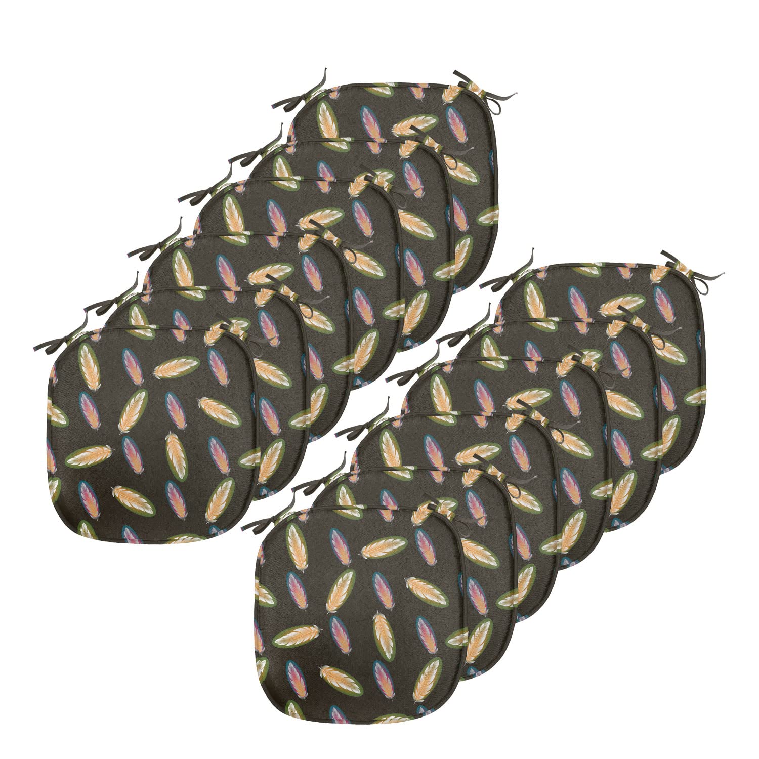 Lunarable 12-Piece Feather Chair Cushion Set - Rhythmic Autumn Abstract Bird Wings Design, Non-Slip Seat Pads for Kitchen & Patio, 16x16 Inches, Dark Brown Multicolor - Perfect for Dining Chairs, Outdoor Furniture, and Home Decor