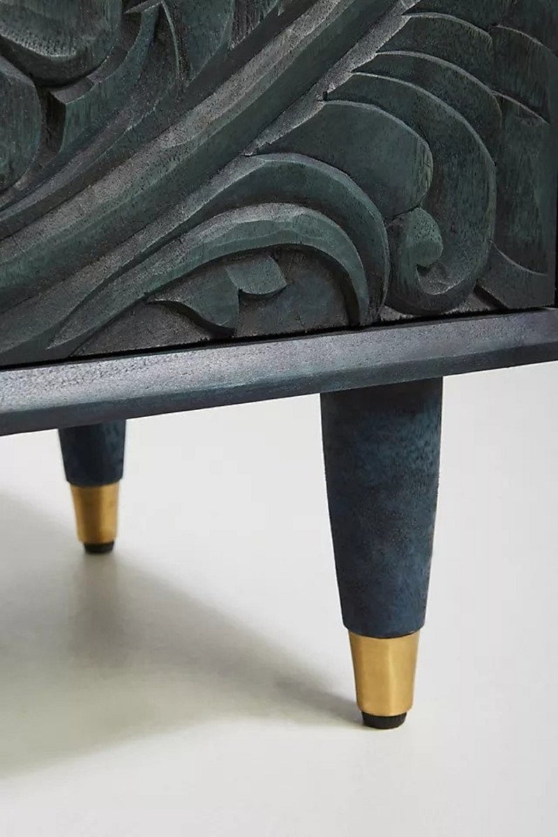 Hand Carved Gulliver Media Console - Solid Wood TV Stand in Indigo Blue | Traditional Indian Furniture for Living Room & Home Theater Setup