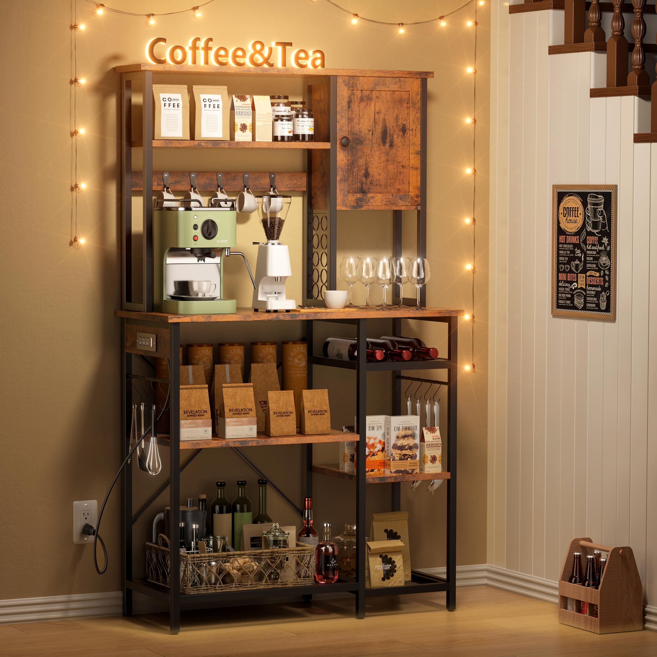 5-Tier Metal Bakers Rack with Power Outlet & Storage - Microwave Stand, Coffee Bar Organizer with K-Cup Holder, 39.37