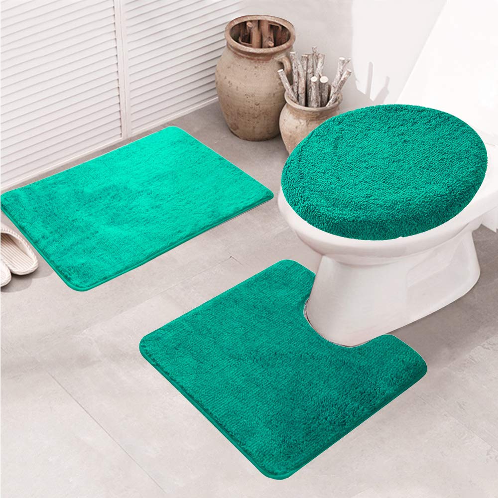 Premium 3-Piece Bathroom Rug Set - Soft Shaggy Non-Slip Bath Mats with U-Shaped Mat & Toilet Cover (Green) | Cozy Floor Mats for Bathroom, Shower & Vanity Area
