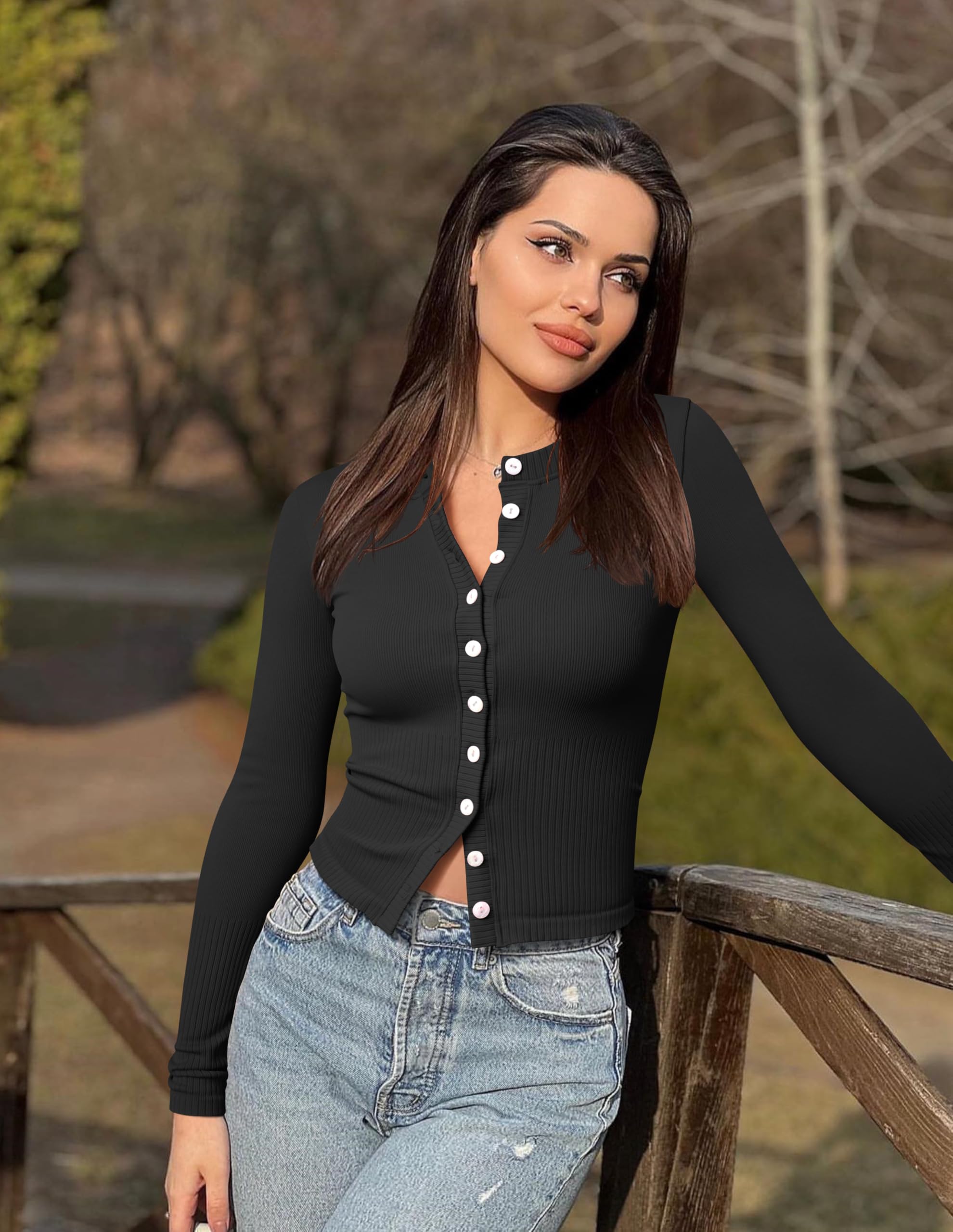 OQQ Women's Long Sleeve Knit Shirts - Stretch Crew Neck Button Down Casual Tops - Perfect for Work, Office & Everyday Wear