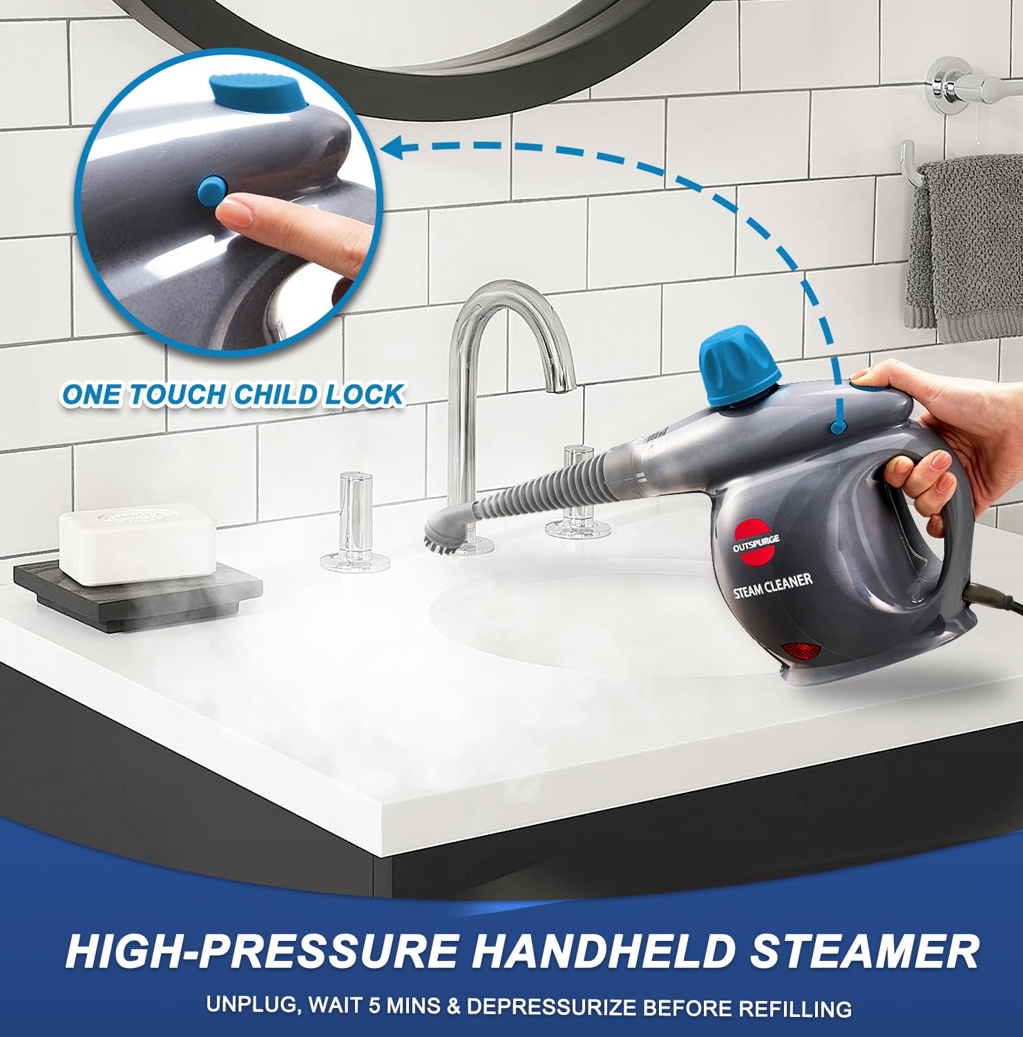 Handheld Steam Cleaner with 13 Accessories - Multi-Surface Pressurized Steam Shot for Floors, Upholstery, Grout, Windows & Cars | Safety Lock & Grey Design | Perfect for Home Deep Cleaning, Car Detailing & Sanitizing