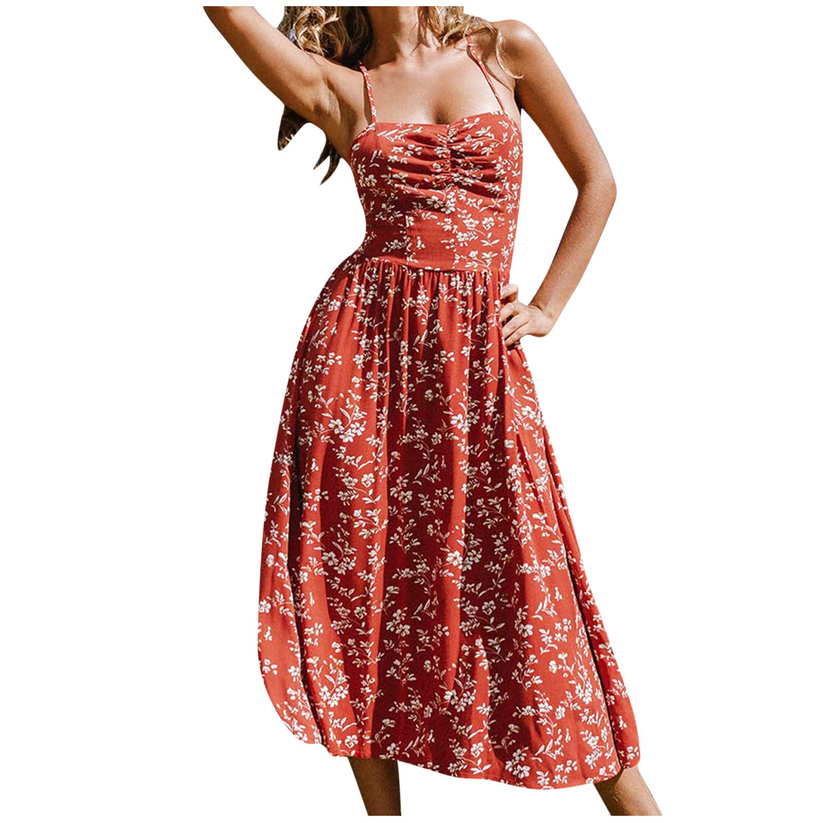 Women's Floral Spaghetti Strap Backless Bandage Pleated Midi Dress - Boho Flowy Summer Beach Dress for Casual Wear, Vacations & Outdoor Parties